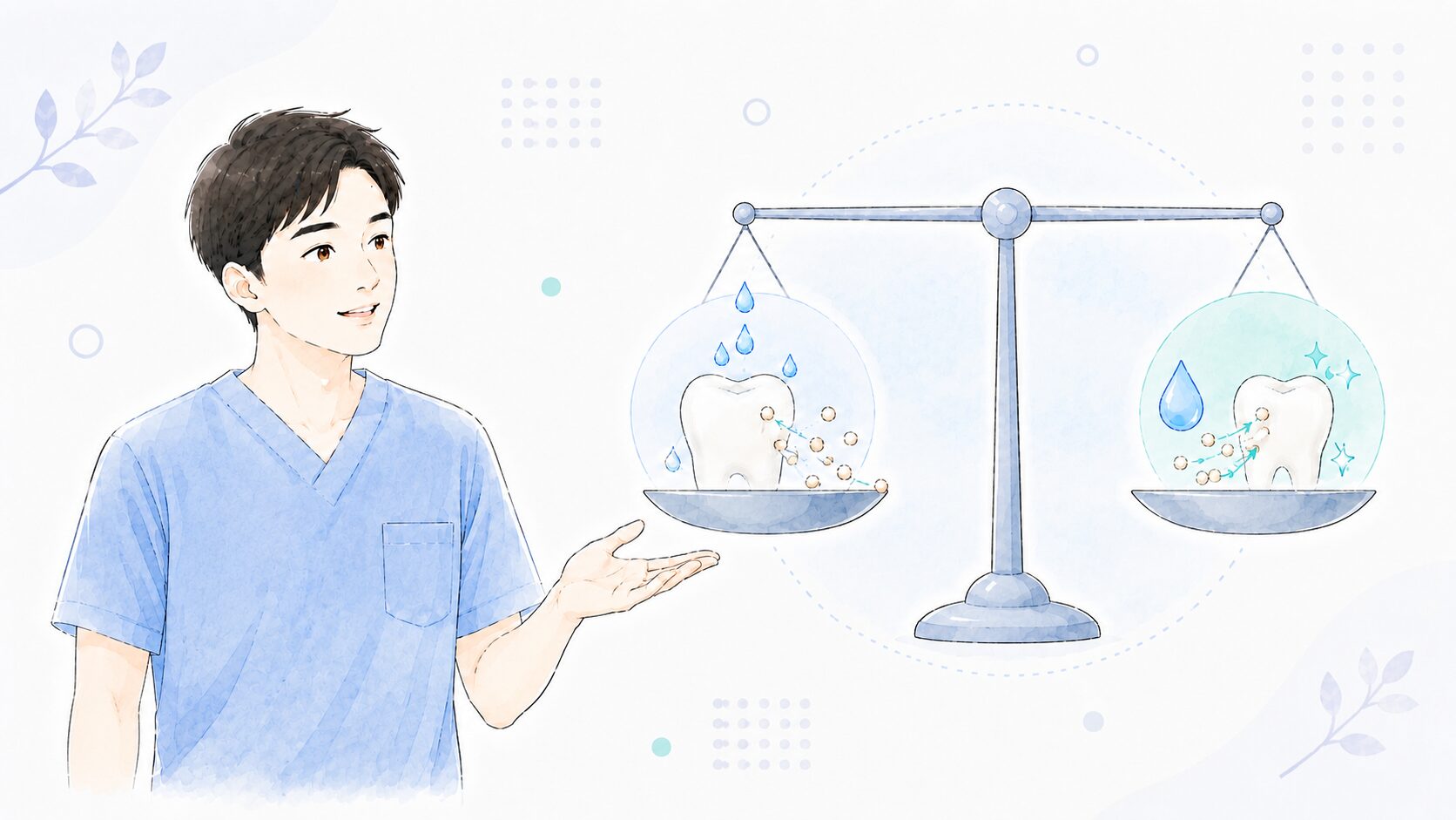 脱灰と再石灰化のバランスを天秤で示したイラスト