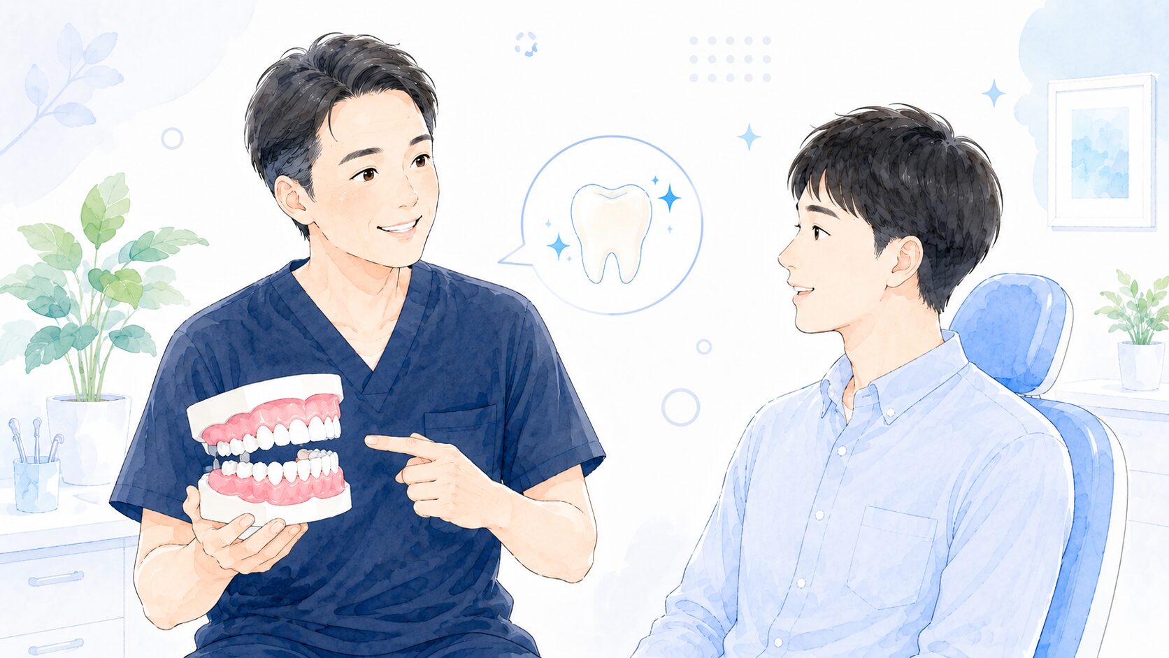歯科医師が患者に初期虫歯について説明するイラスト