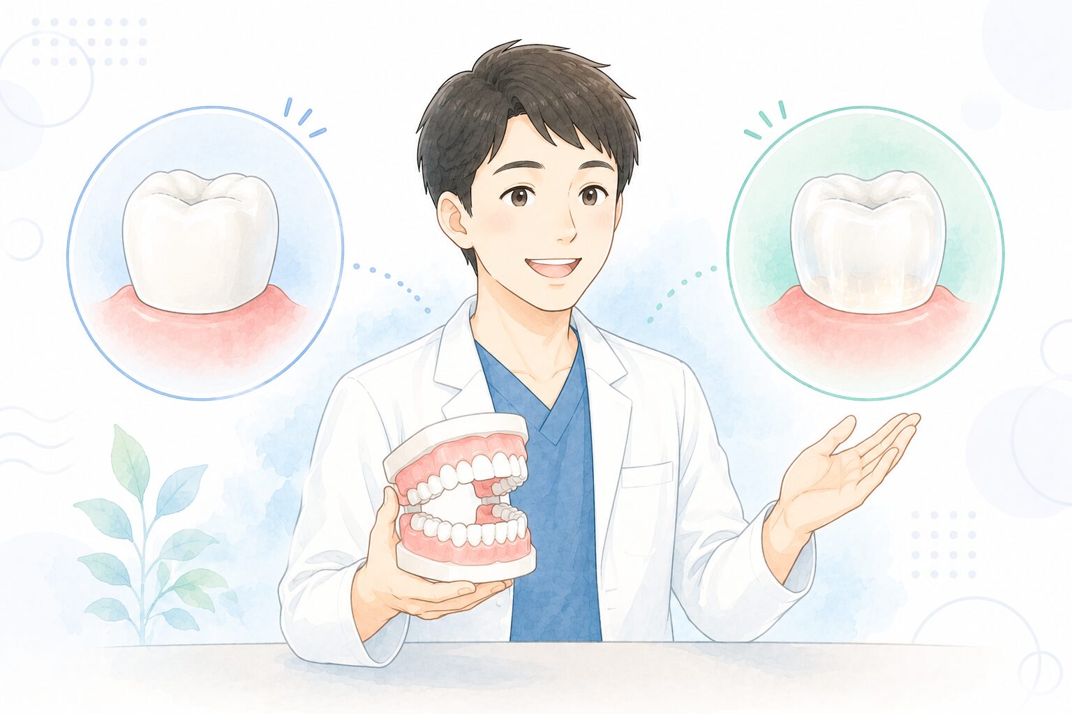 歯科医師が2種類の被せ物を解説するイラスト