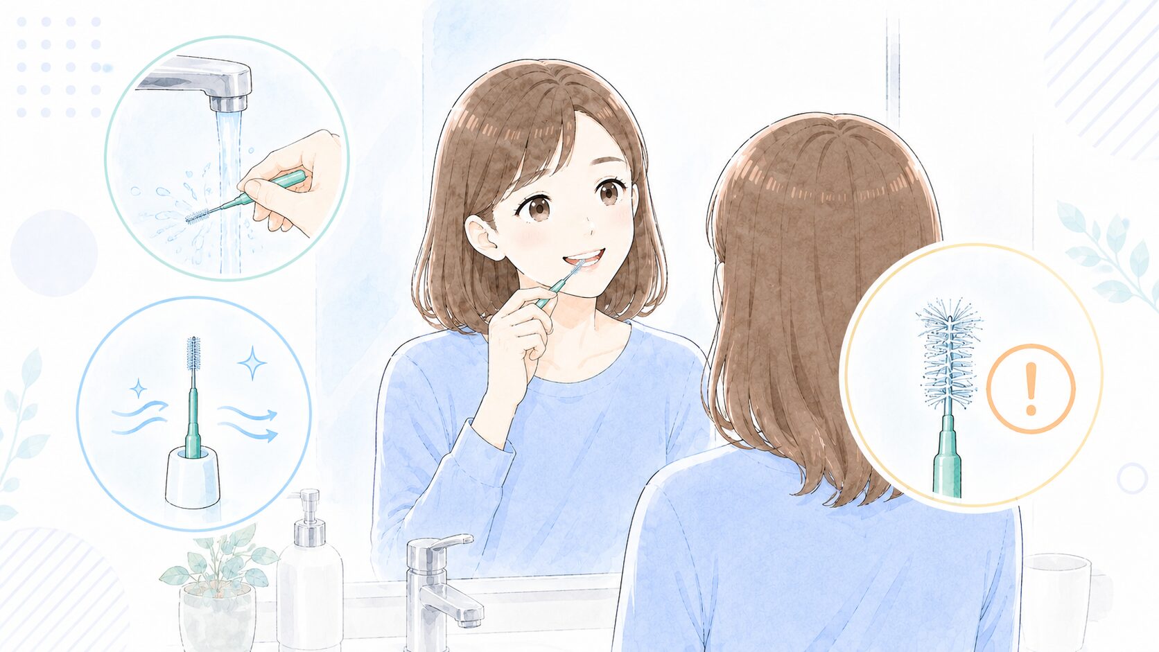 歯間ブラシの洗い方・乾燥・交換などお手入れを示したイラスト