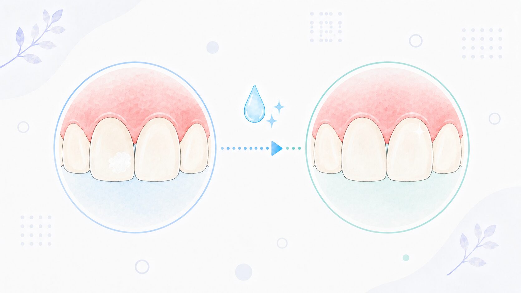 初期虫歯の白斑が再石灰化で目立ちにくくなる様子を比べたイラスト