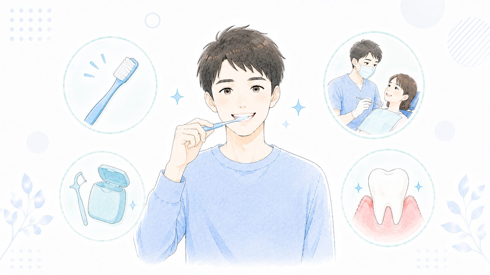歯周病を予防する習慣(歯みがき・フロス・定期検診)のイラスト