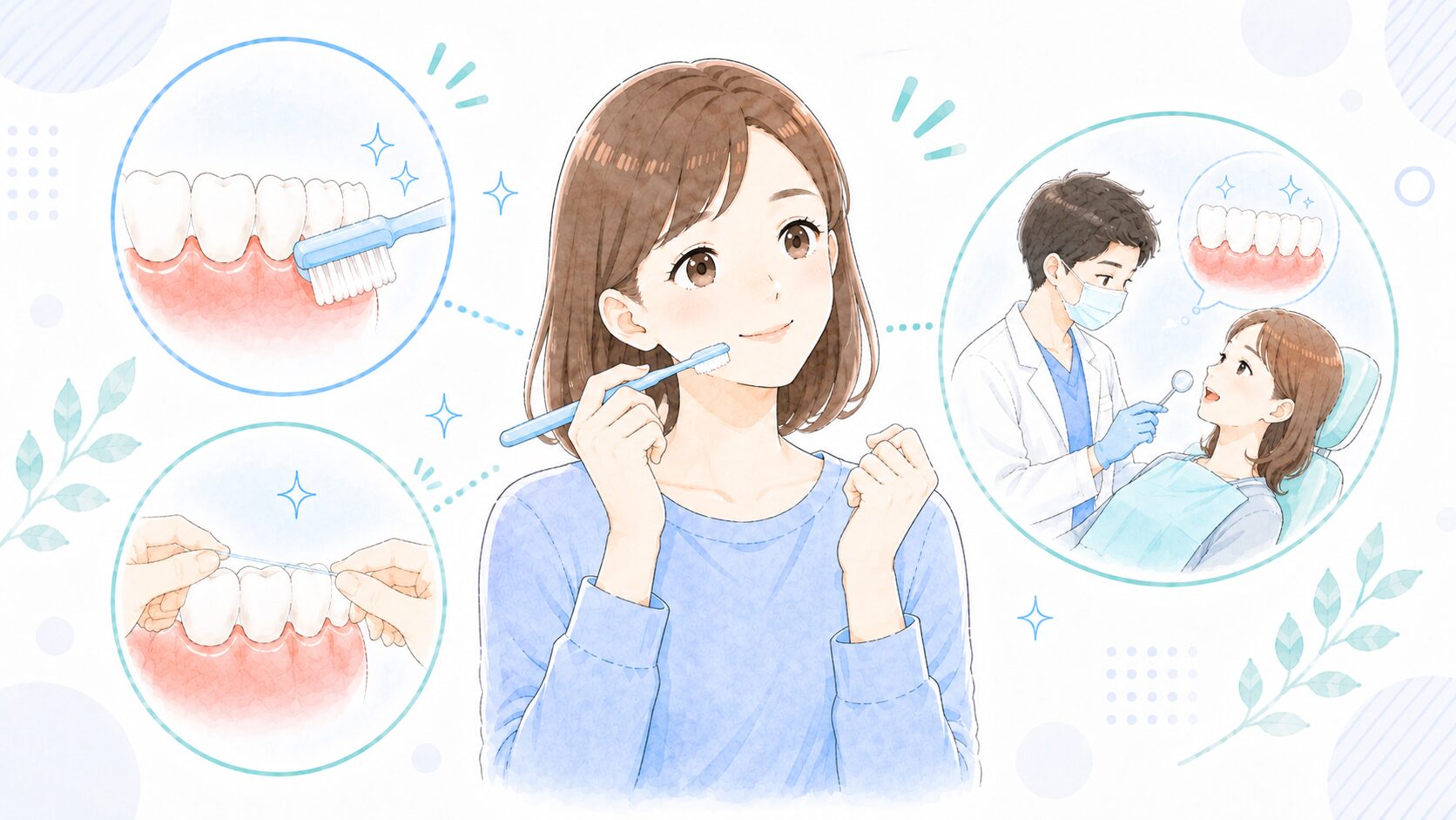 初期症状に気づいたらセルフケアと歯科受診を始めることを示すイラスト