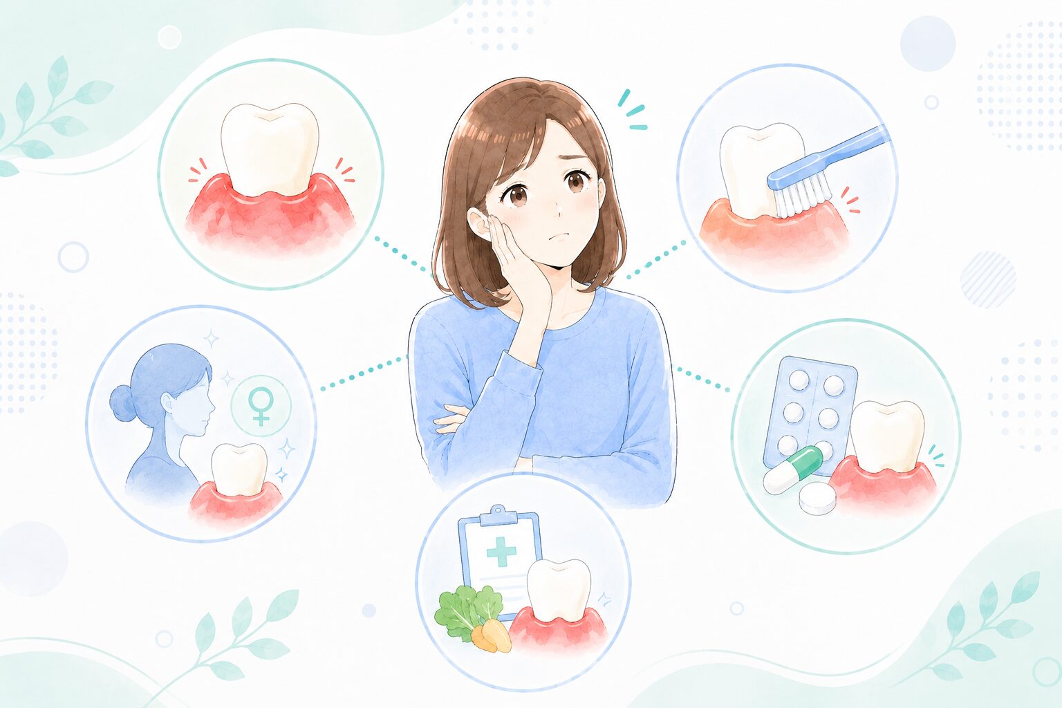 歯ぐきから血が出る5つの原因をまとめたイラスト