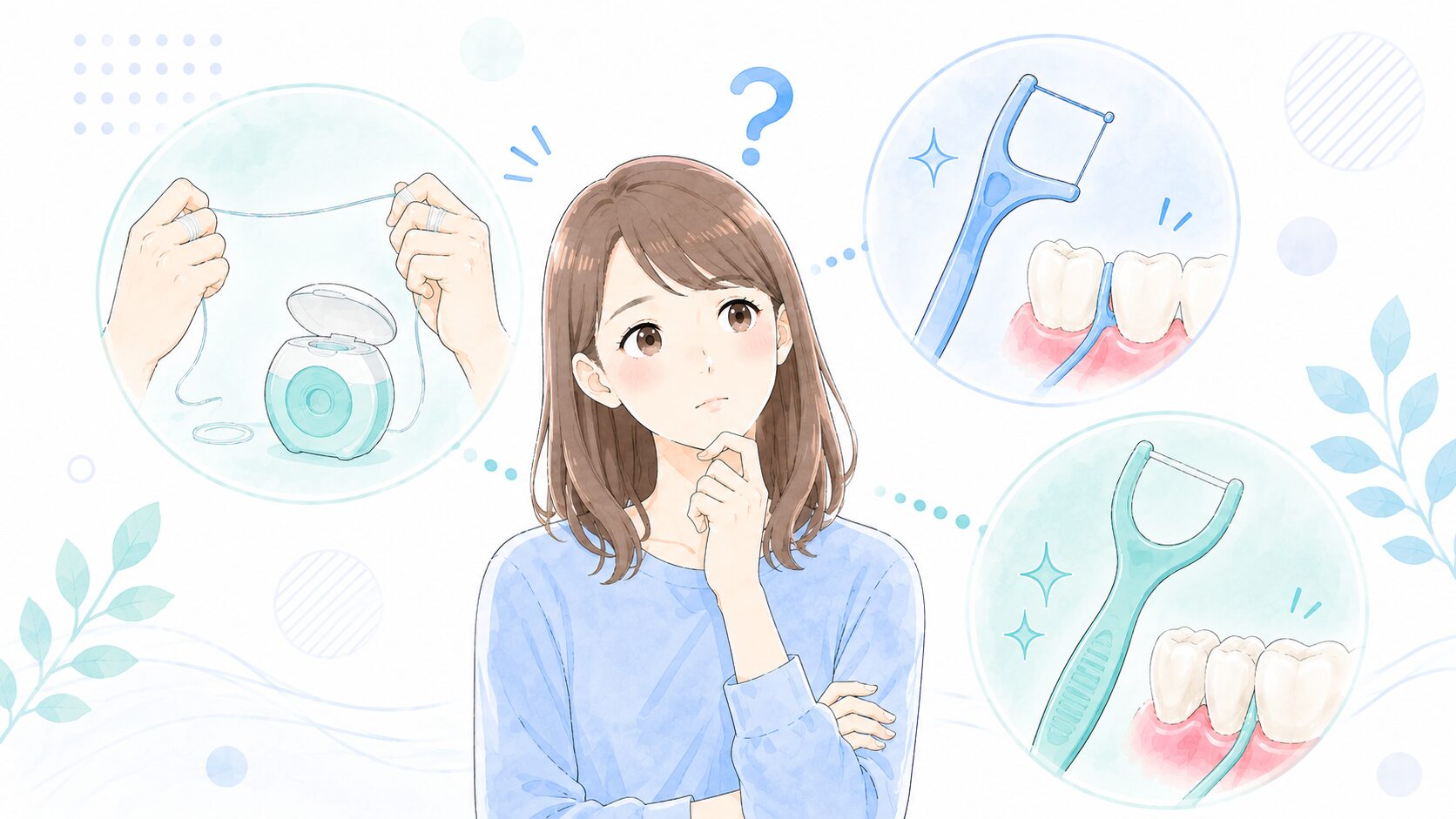 糸まきタイプ・F字・Y字のフロスを比較して選ぶイラスト