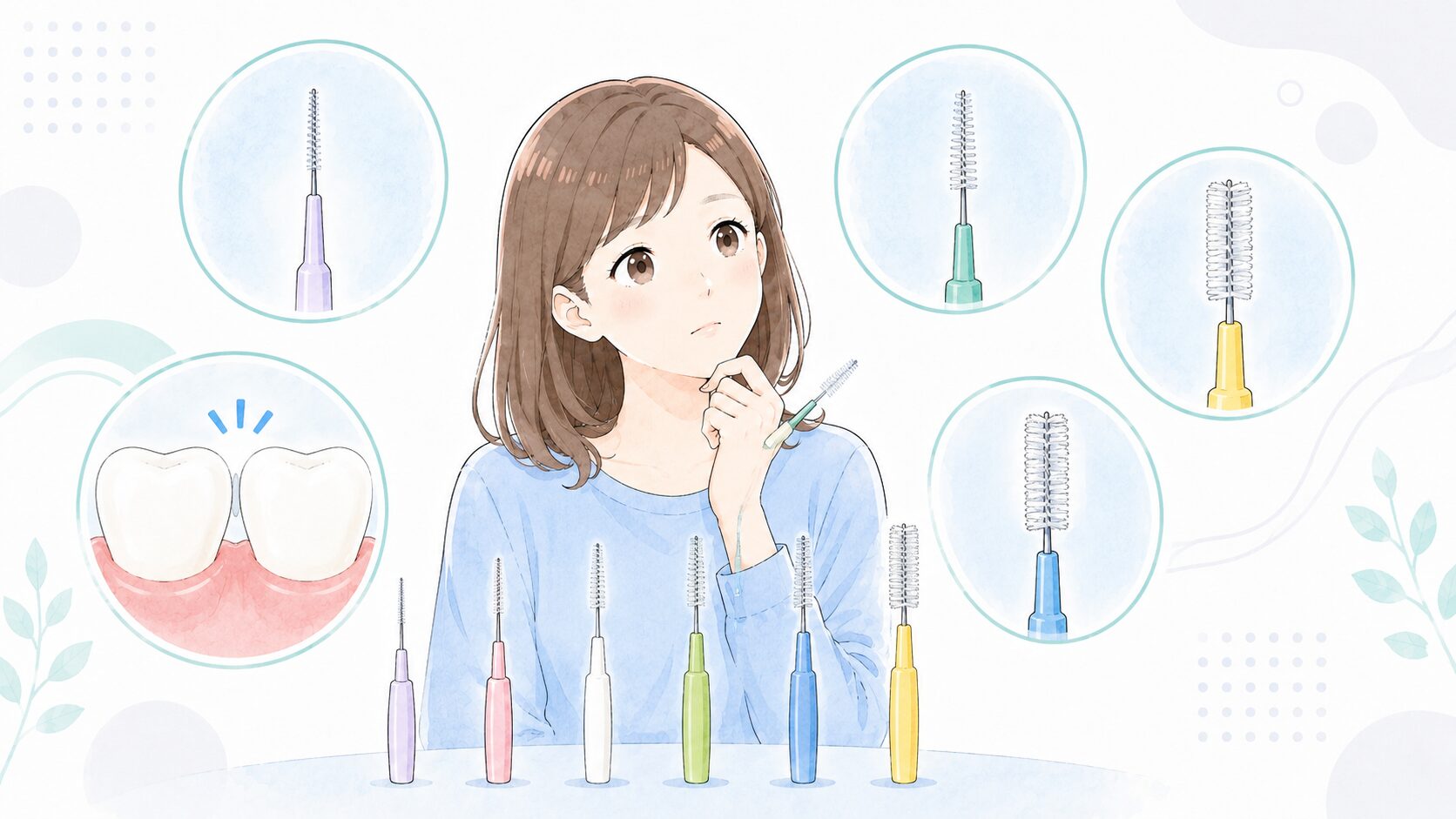 歯間ブラシのサイズ選びに迷う様子のイラスト