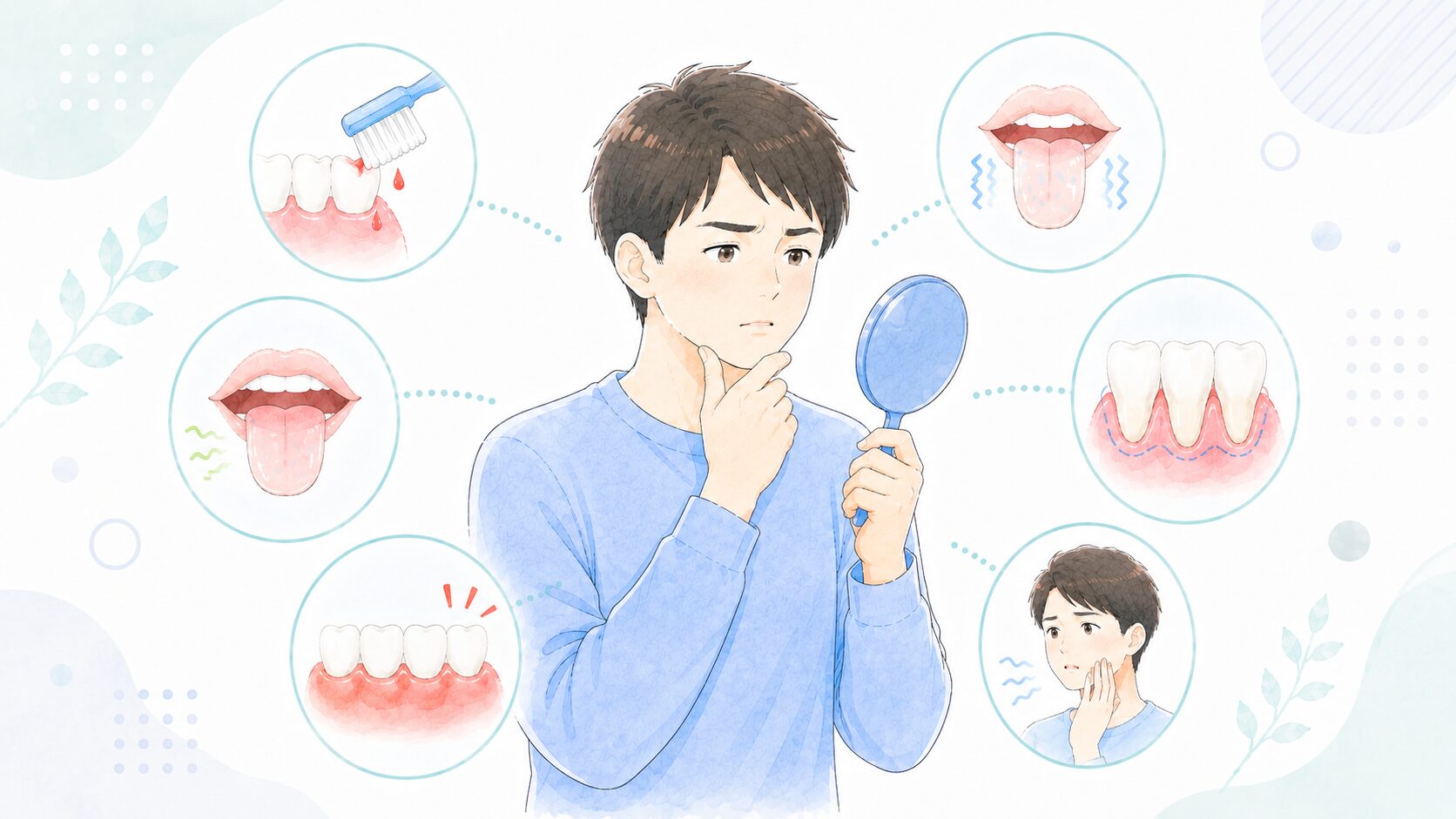 見逃しやすい歯周病の初期症状6つを示すイラスト