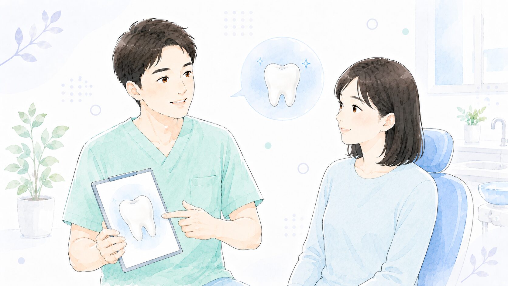 歯科医師が患者に虫歯について説明するイラスト