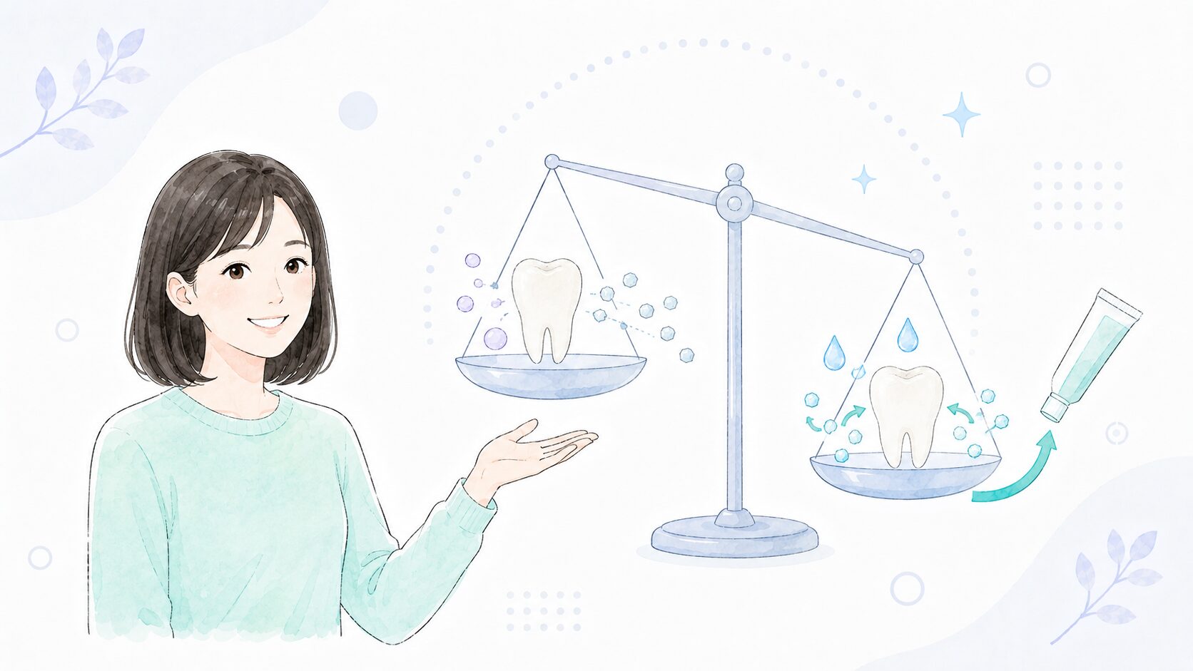 脱灰と再石灰化のバランスを天秤で示し、フッ素が再石灰化側に傾けるイラスト