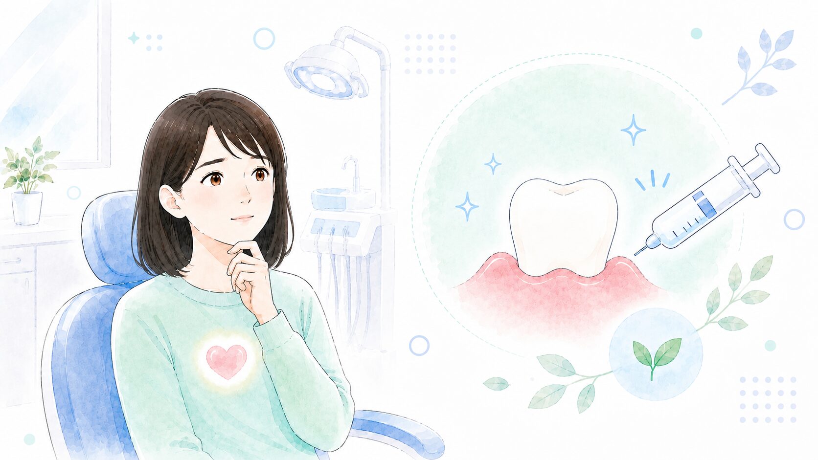 治療への不安をやわらげる、麻酔への配慮を示したやさしいイラスト