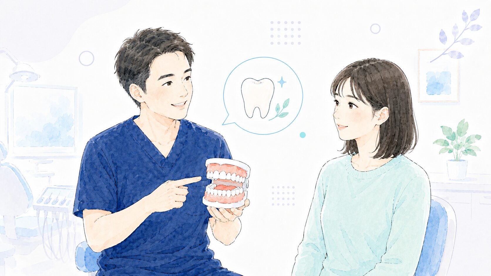歯科医師が患者に虫歯治療についてやさしく説明するイラスト