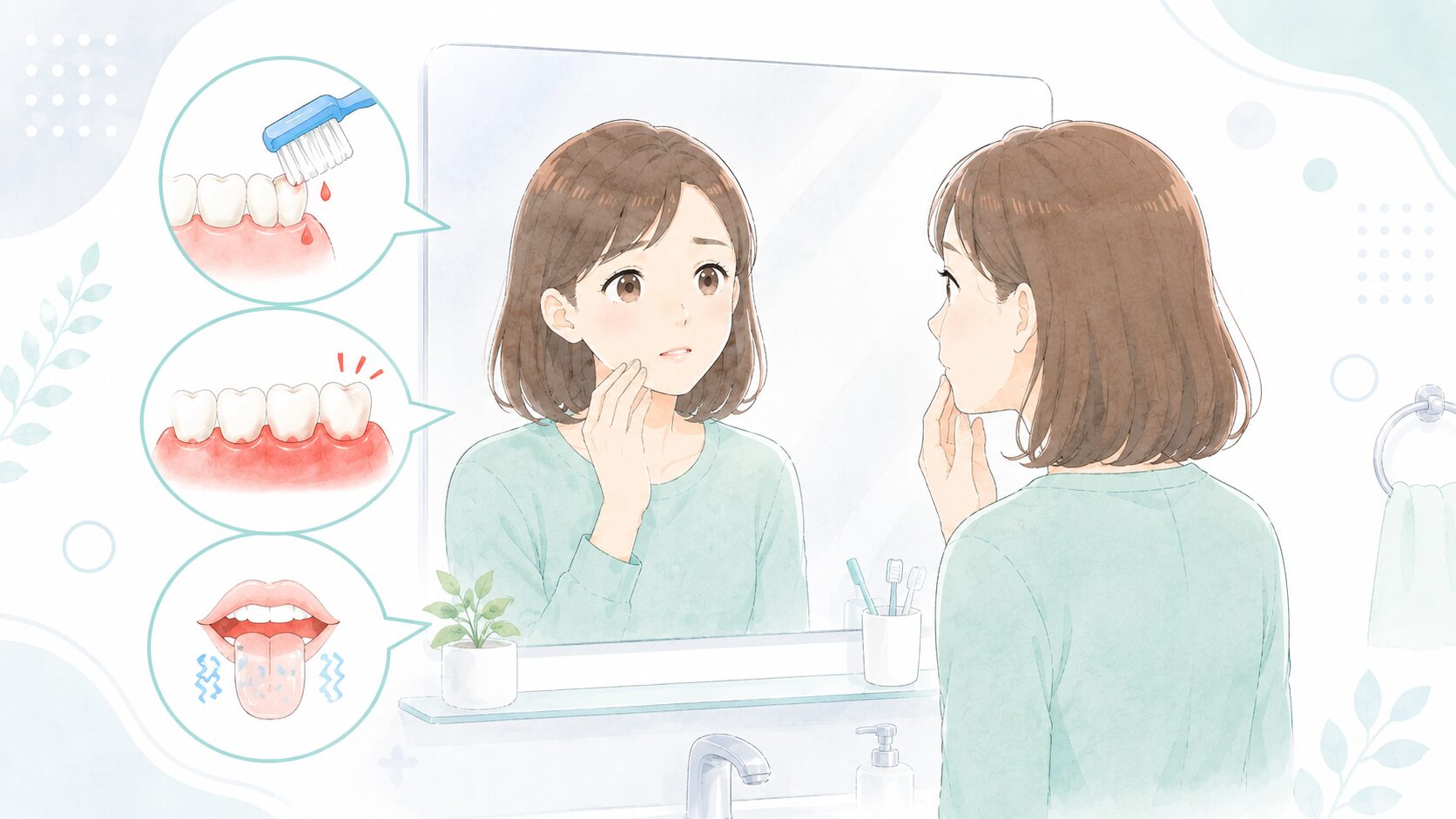 鏡で歯ぐきの初期症状をチェックする女性のイラスト