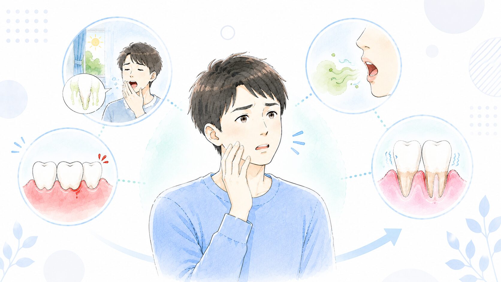 見逃しやすい歯周病の初期症状(出血・口臭・腫れ)のイラスト