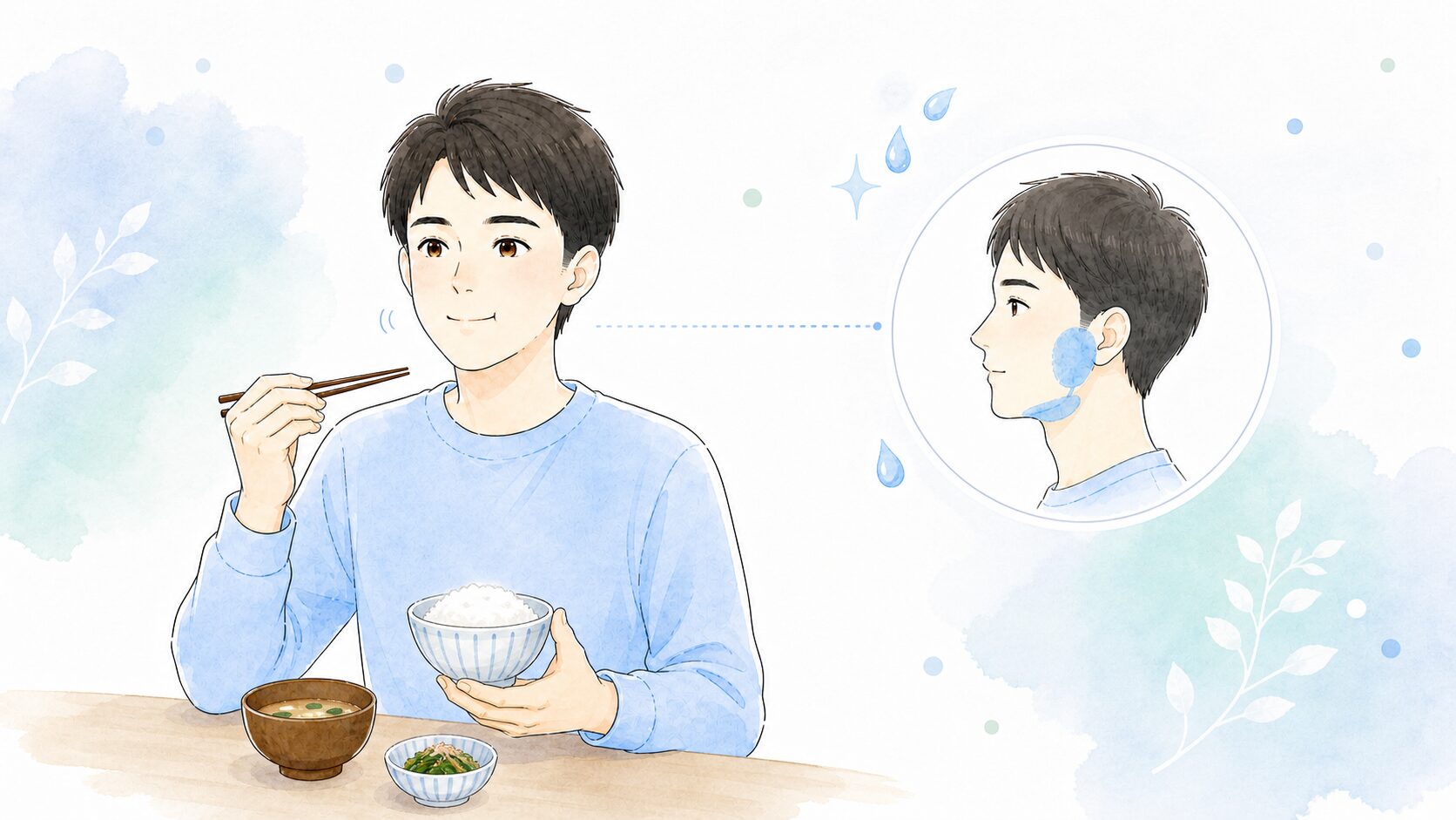 男性が食事をよく噛んでいる様子と、唾液腺が刺激されるイメージ