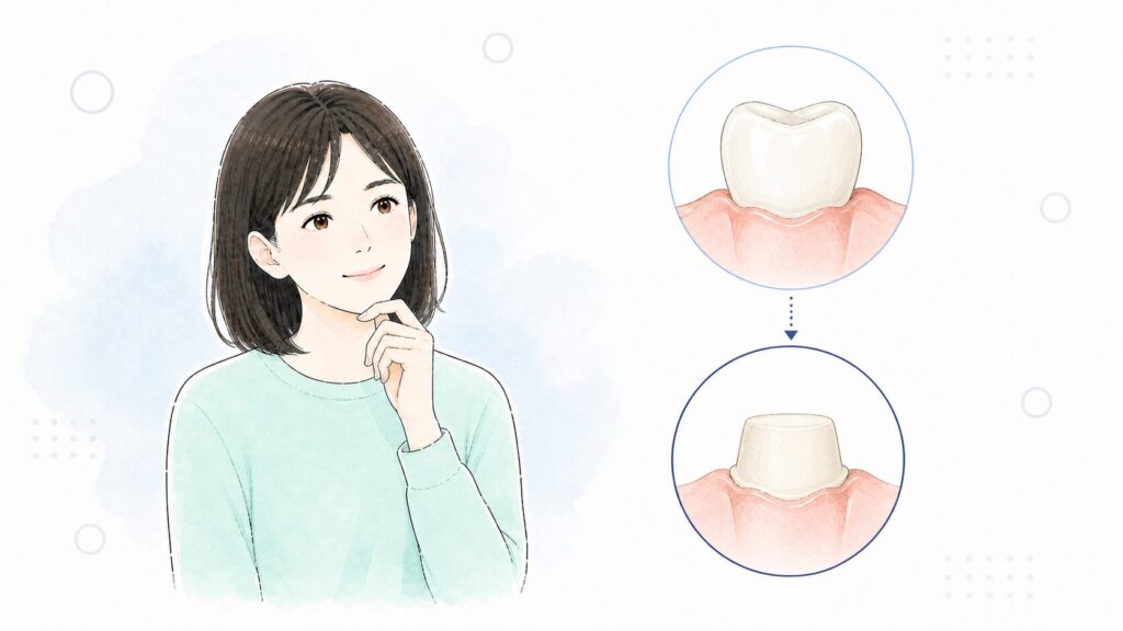 ブリッジのために歯を削る前と後を比べて考える女性