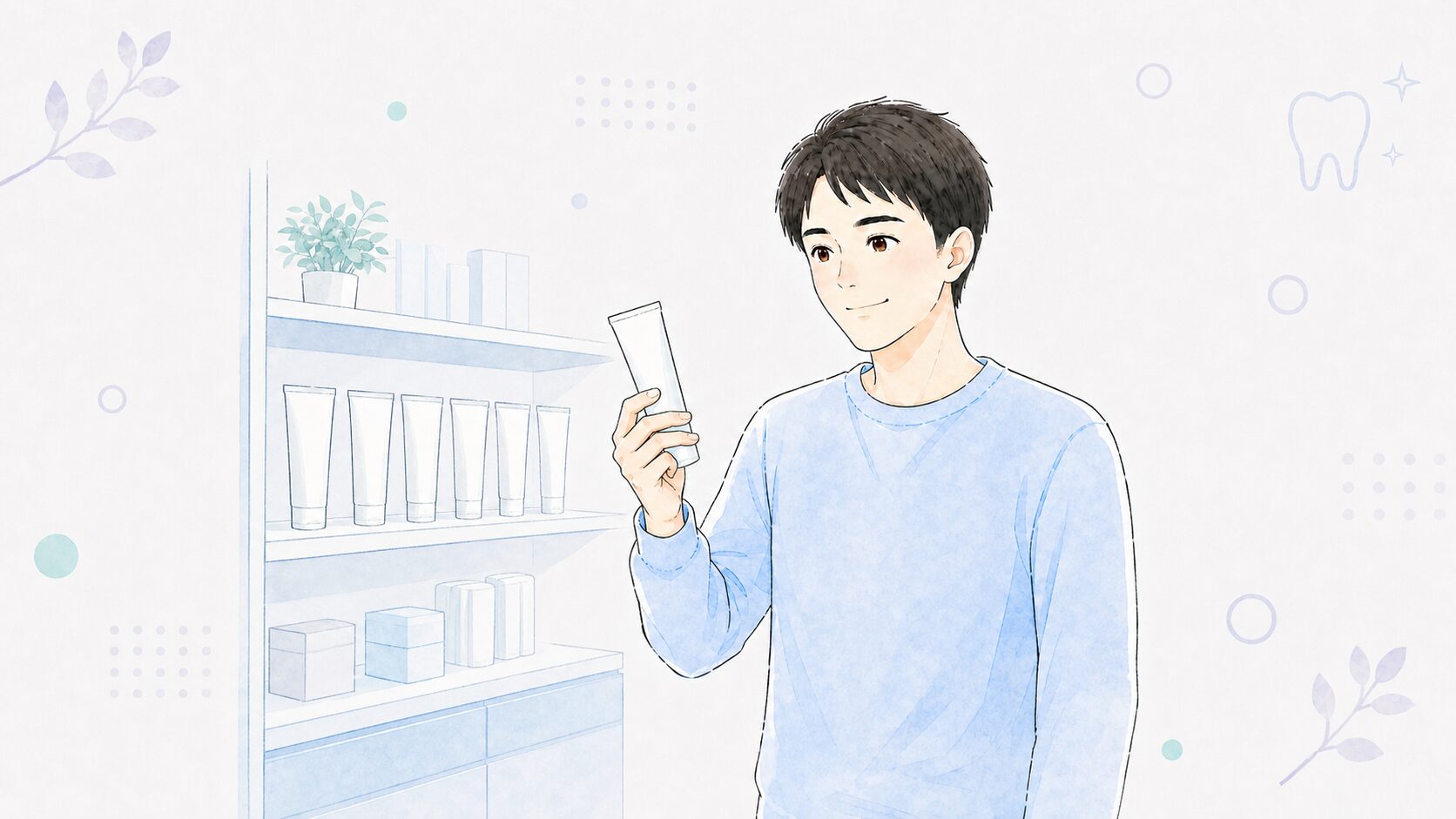 歯科医院の物販棚で歯みがき粉を手に取る男性のイラスト