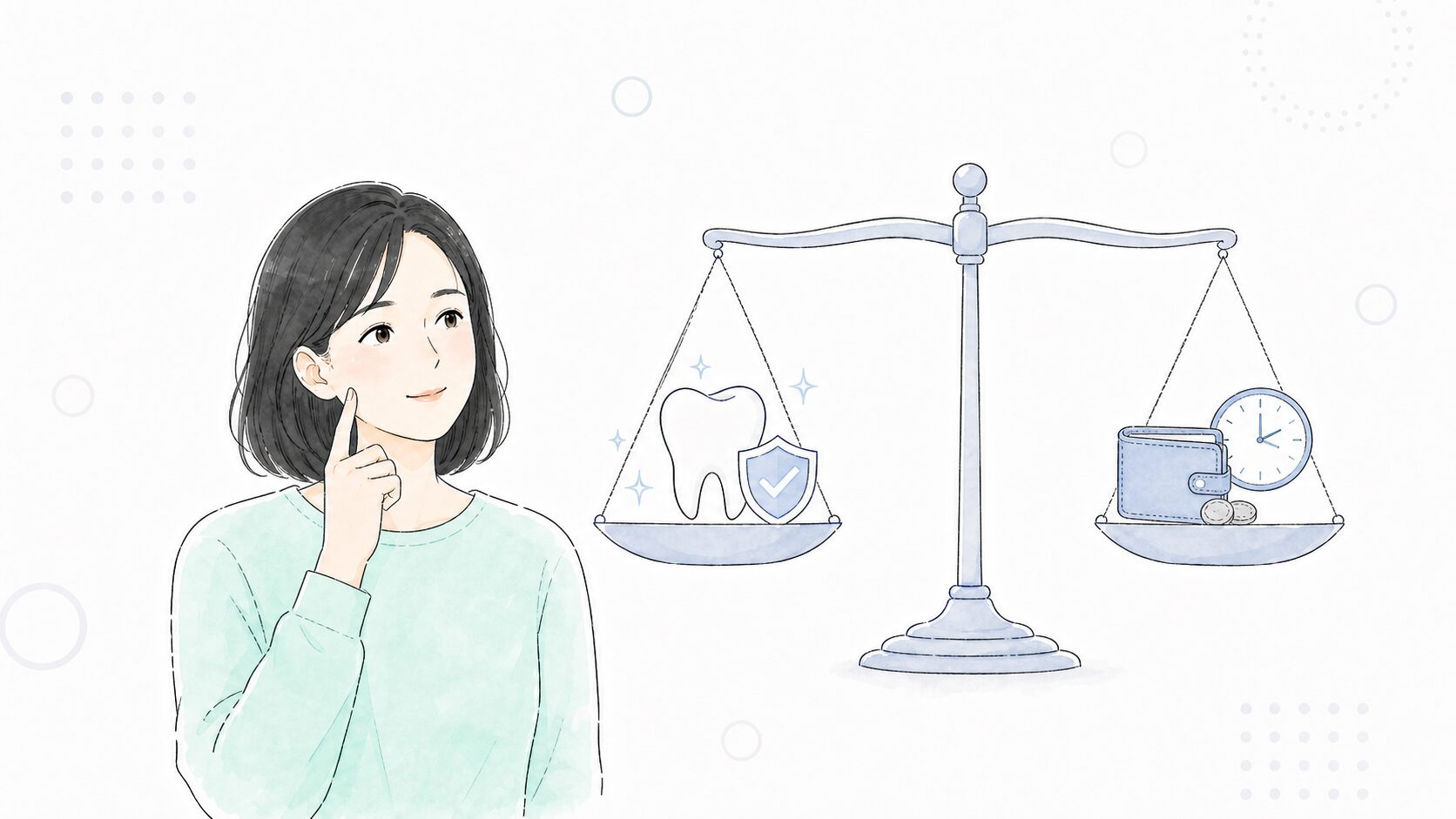 インプラントのメリットとデメリットを天秤で比べる女性のイラスト