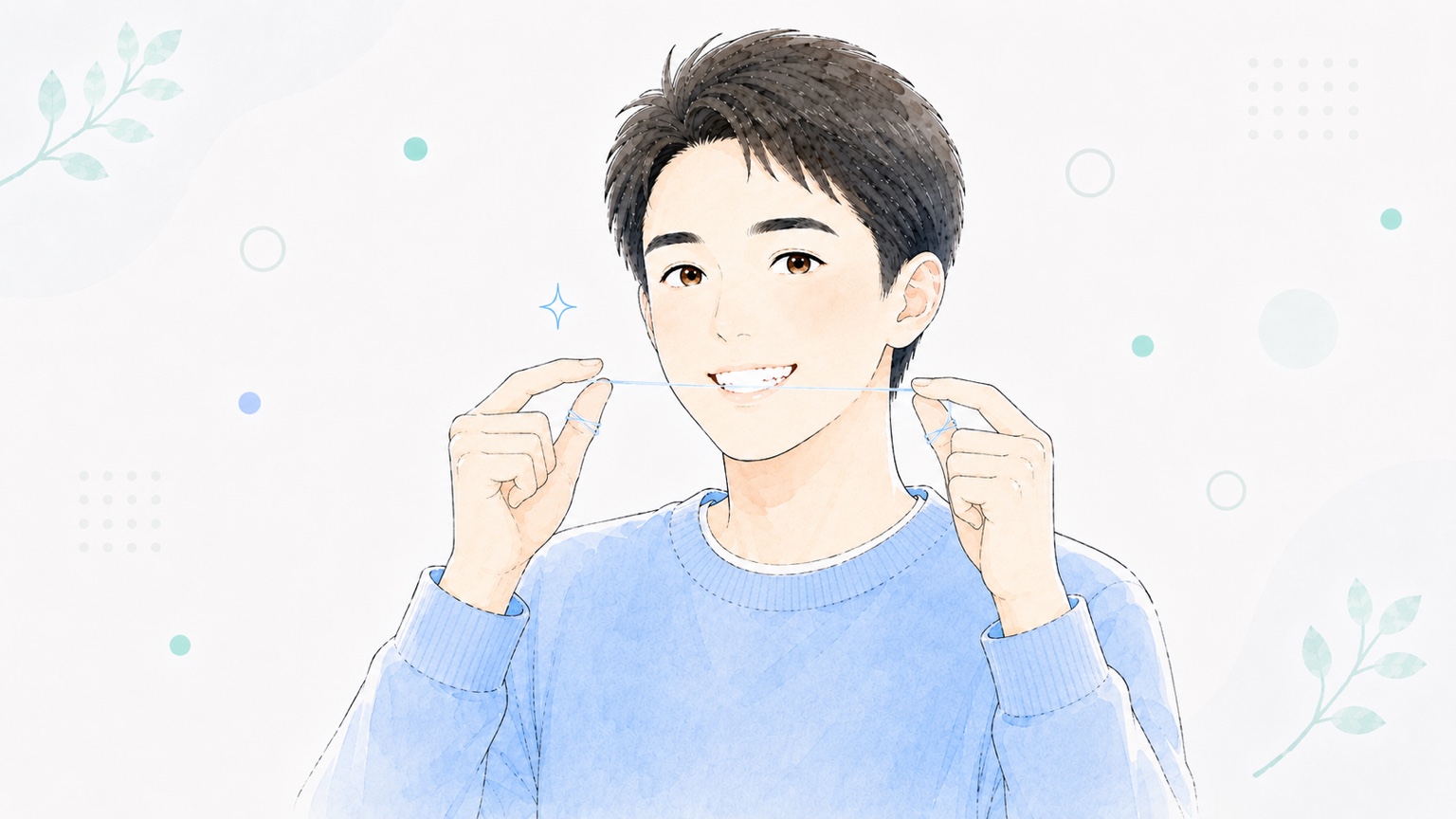フロアフロスを使ってすっきり微笑む男性