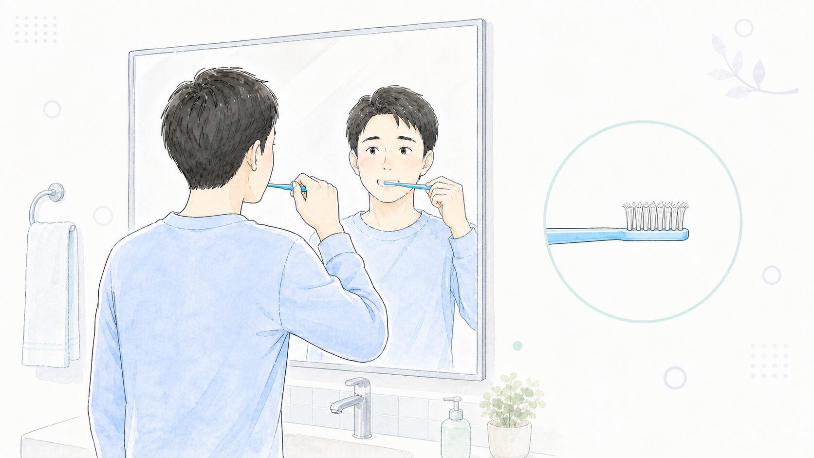 鏡の前で強く磨きすぎに気づく男性のイラスト