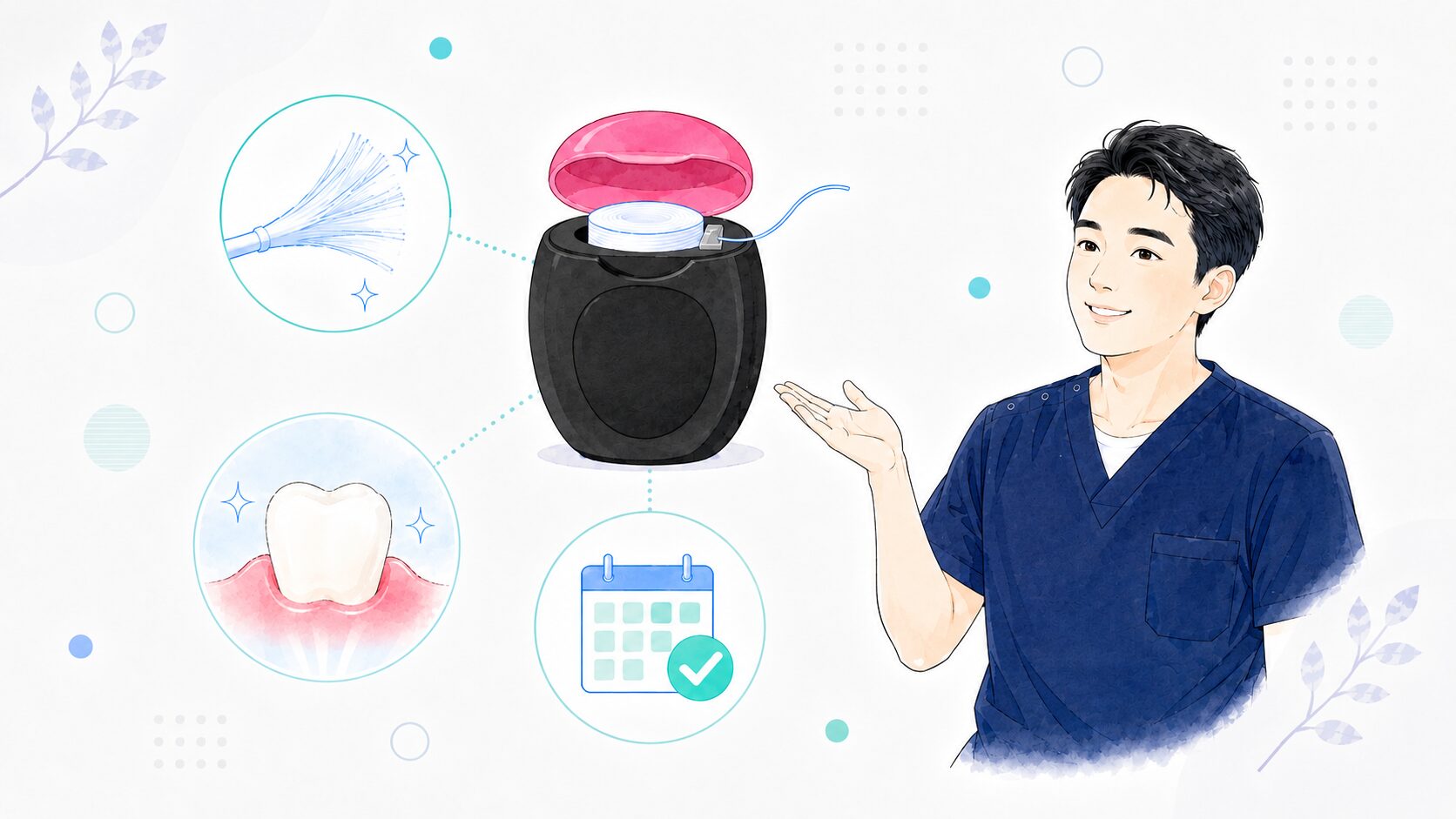 フロアフロスの特徴まとめを説明する歯科医師