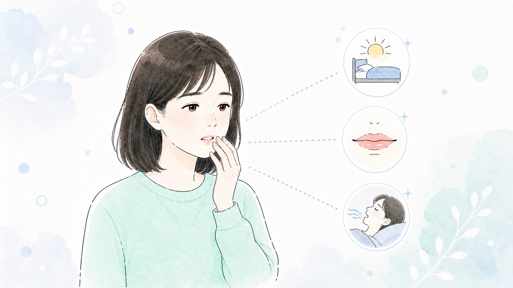 起床時に口の乾きを感じている女性と、口呼吸のサインを表すアイコン
