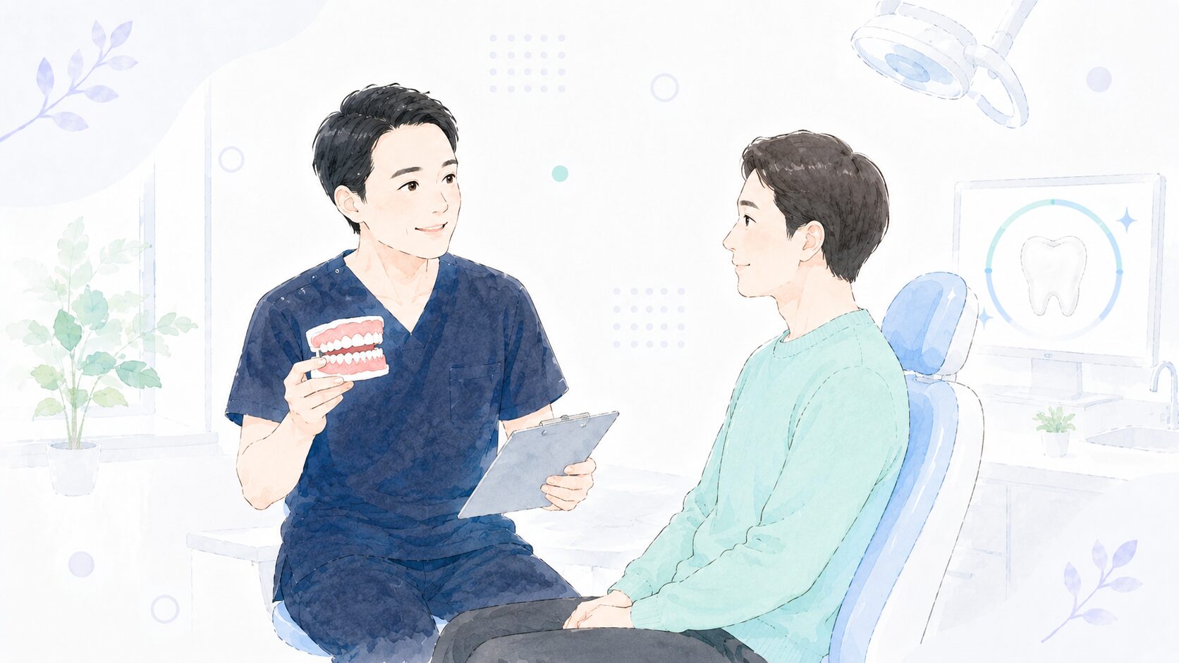 歯科医師が患者に歯周病と全身の健康について説明する様子