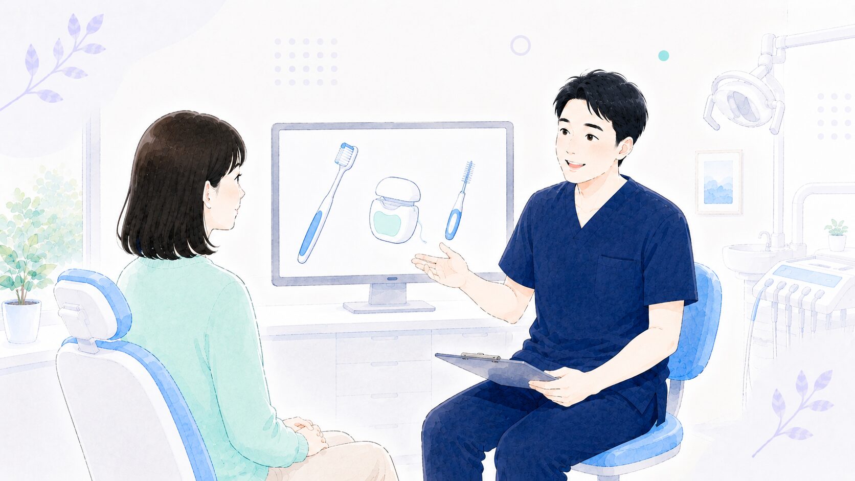歯科医師が患者に歯周病予防を説明する様子