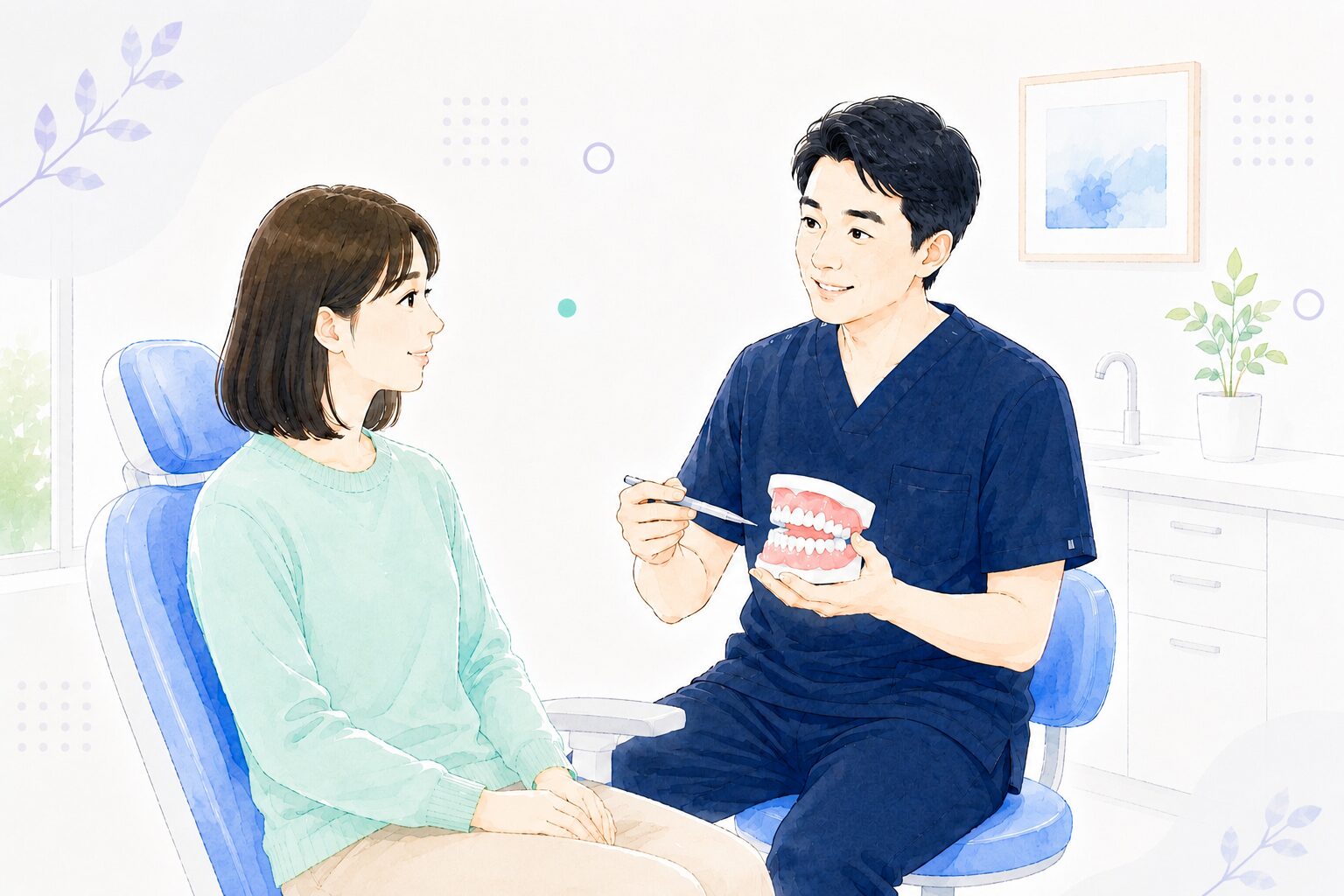歯科医師が患者に歯周病治療を説明する様子