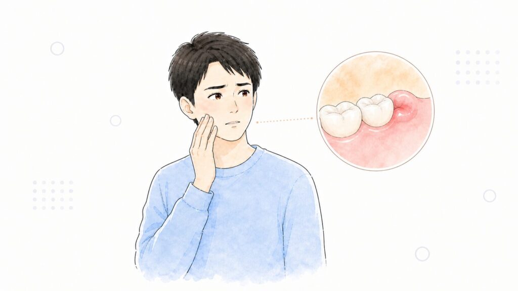 奥歯や歯ぐきの痛みで頬をおさえる男性