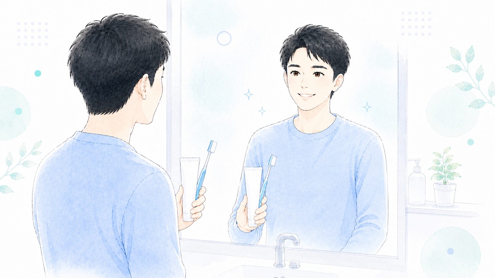 洗面所の鏡の前で磨き上がりを確認する男性