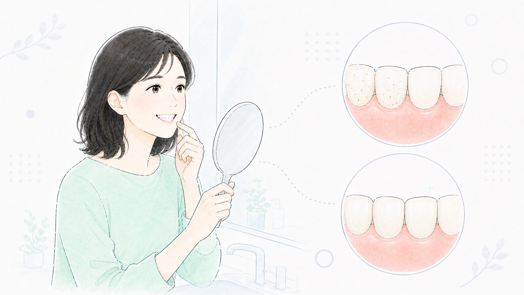 手鏡で歯のツヤを確認する女性と、着色汚れが落ちて本来の歯の色に近づくイメージ図解