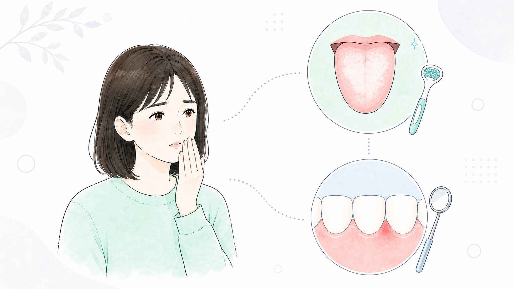 生理的口臭と病的口臭の違いを対比した図と、口元を気にする女性