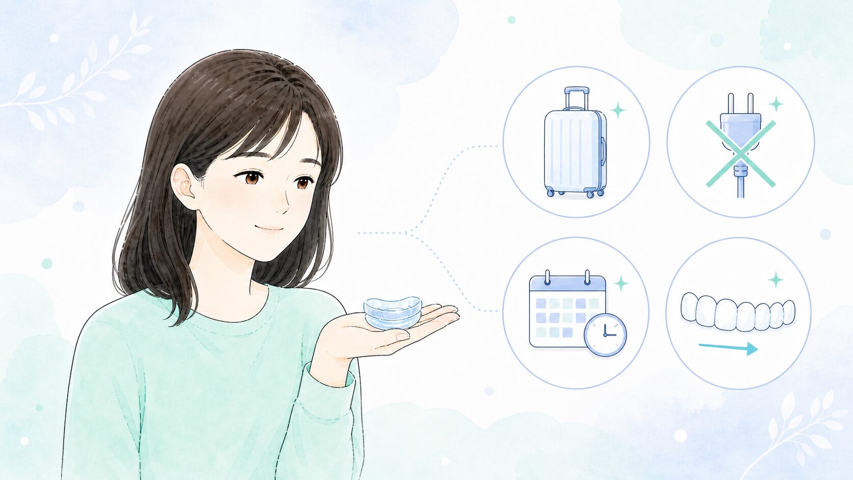 口腔内装置を手のひらにのせて見つめる女性と、持ち運びやすさ・定期的な確認などのポイント