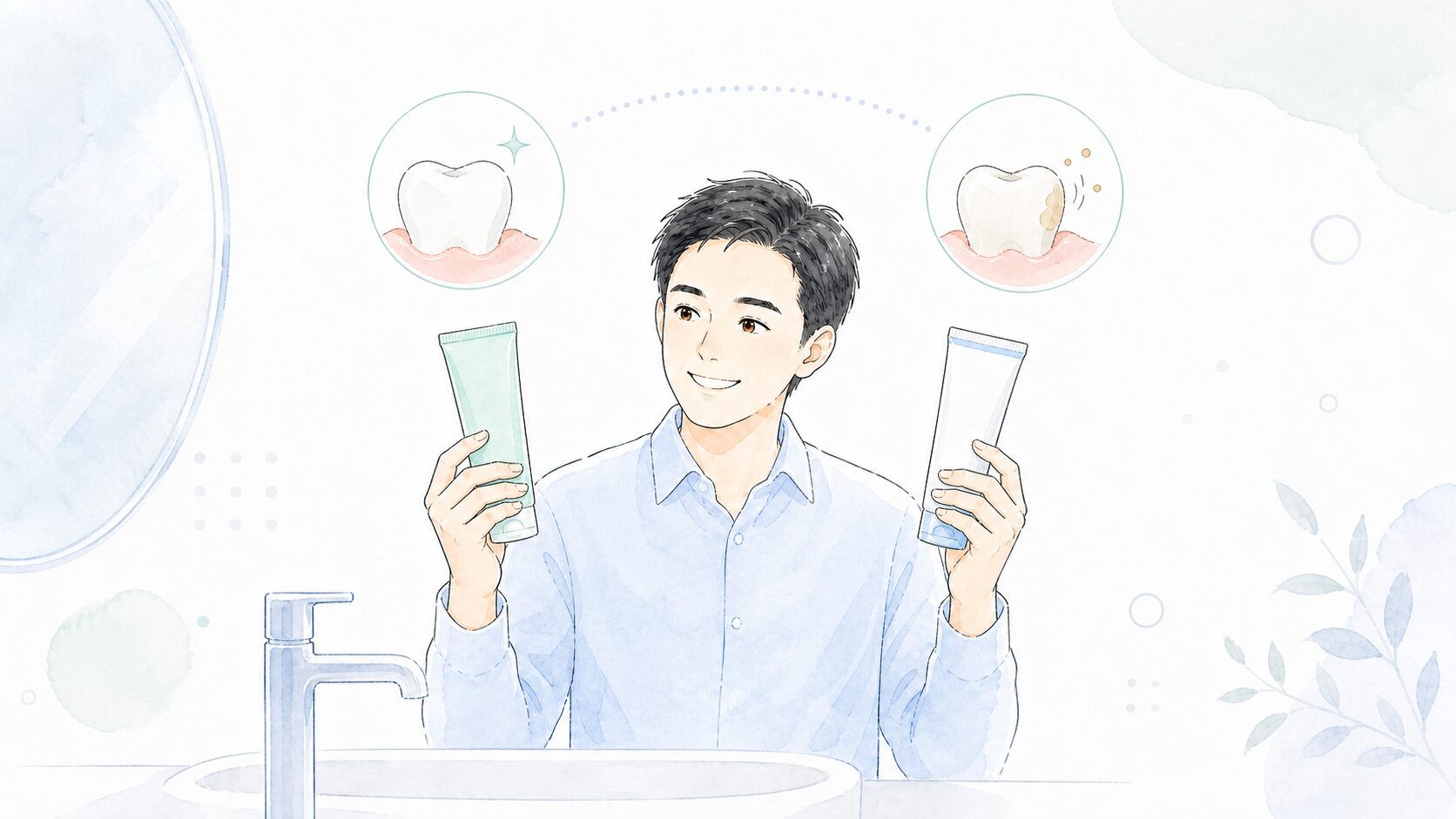 リナメルとルシェロホワイトの2本の歯磨き粉を見比べる男性のイラスト