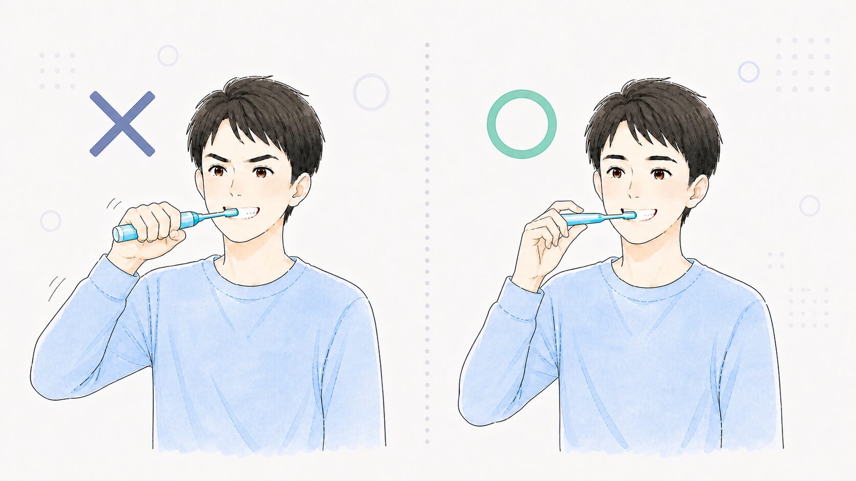電動歯ブラシを押し付けすぎる例と軽く支える例を比べたイラスト