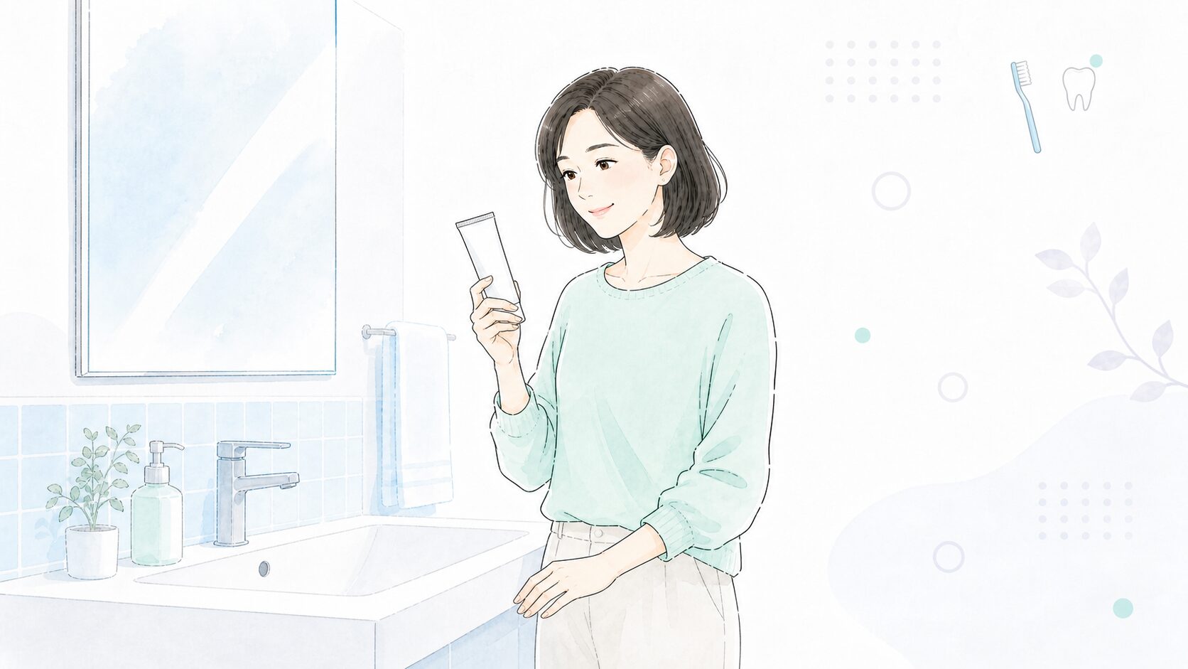 洗面台の前でジェルタイプの歯みがき粉を手に取る女性のイラスト