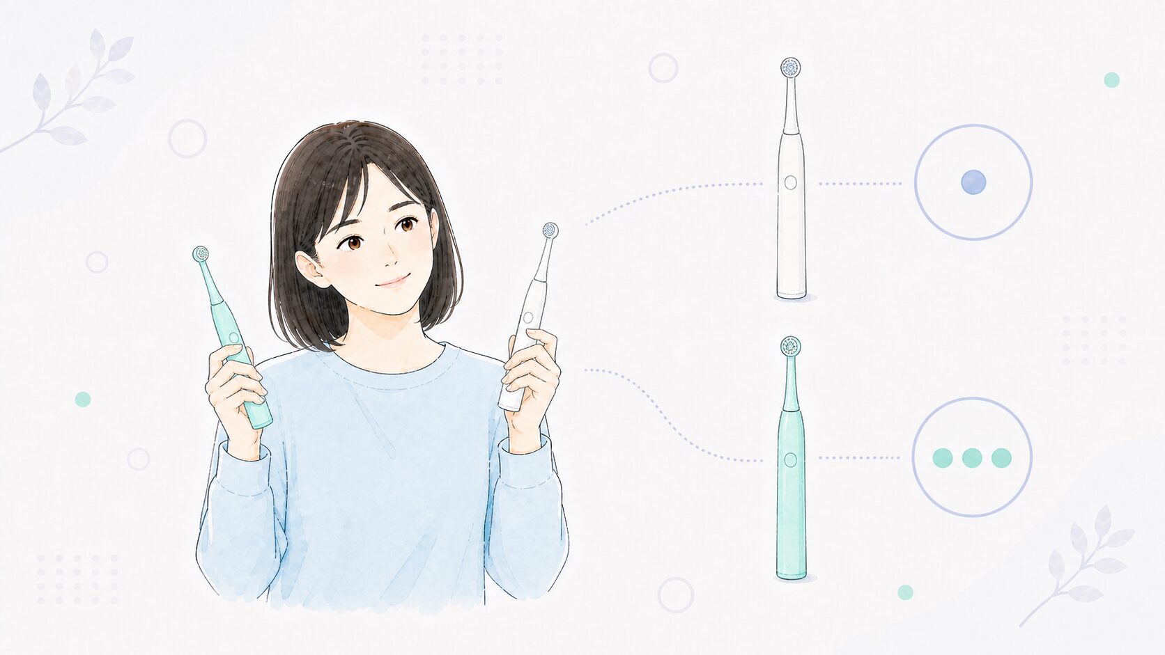 iO2のホワイトとグリーンを見比べる女性とモード数の違いを示す図解