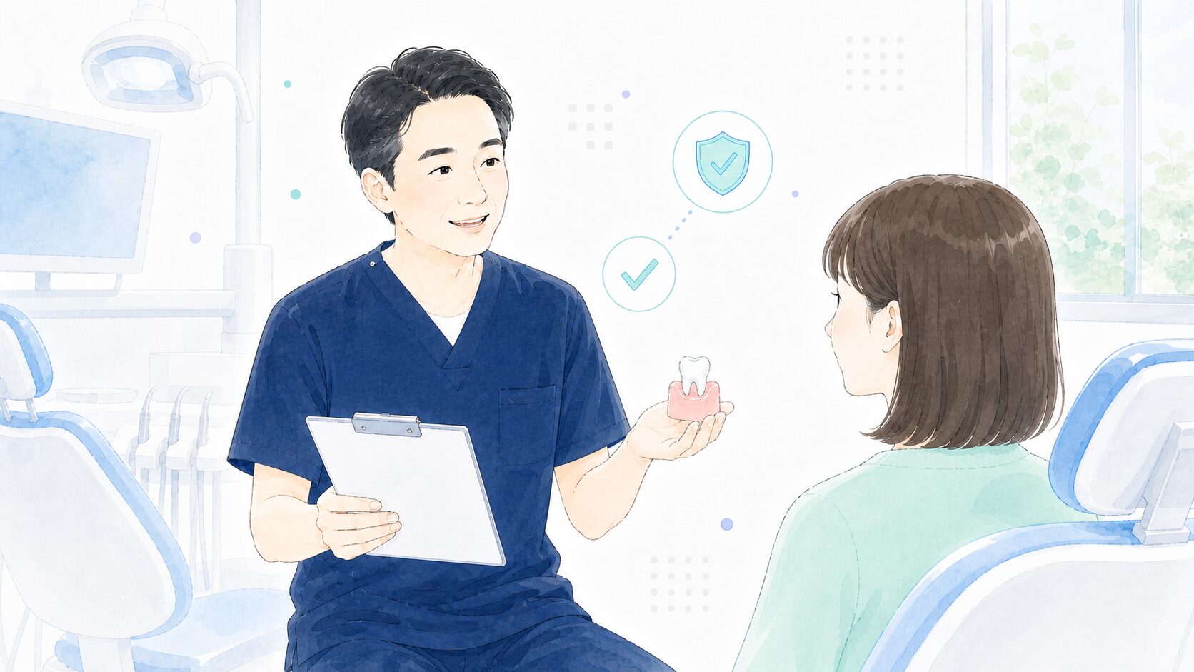 歯科医師が歯ぐきの模型を手に患者へ説明するイラスト