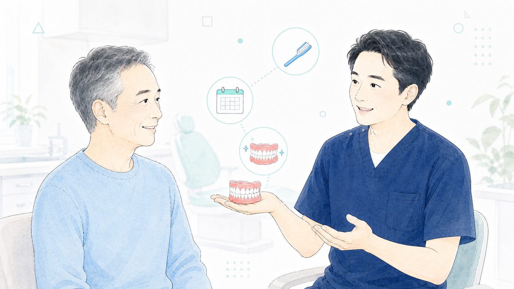歯科医師が患者に入れ歯を見せながら定期検診について説明している様子