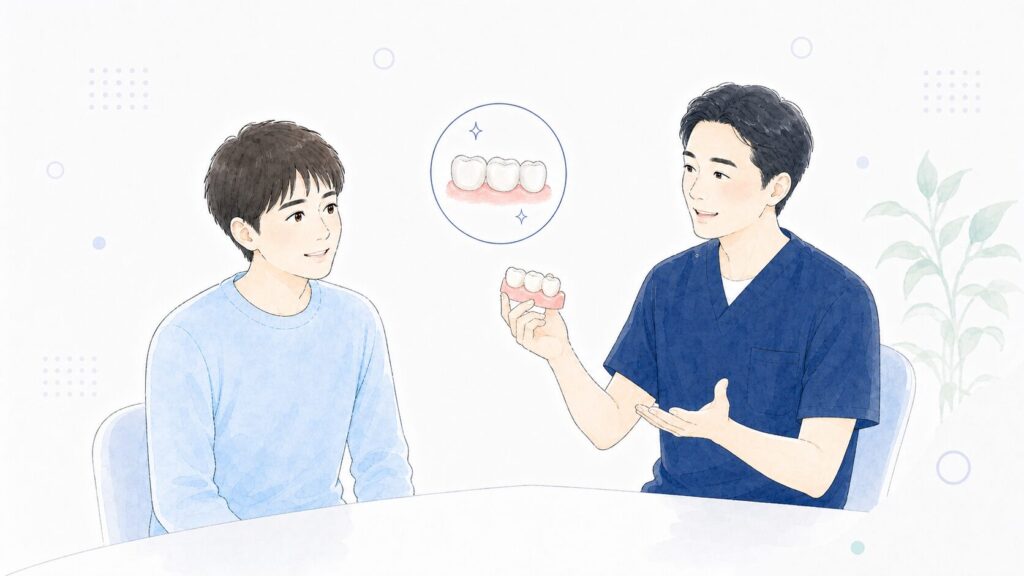 歯科医師がブリッジについて患者に説明している様子