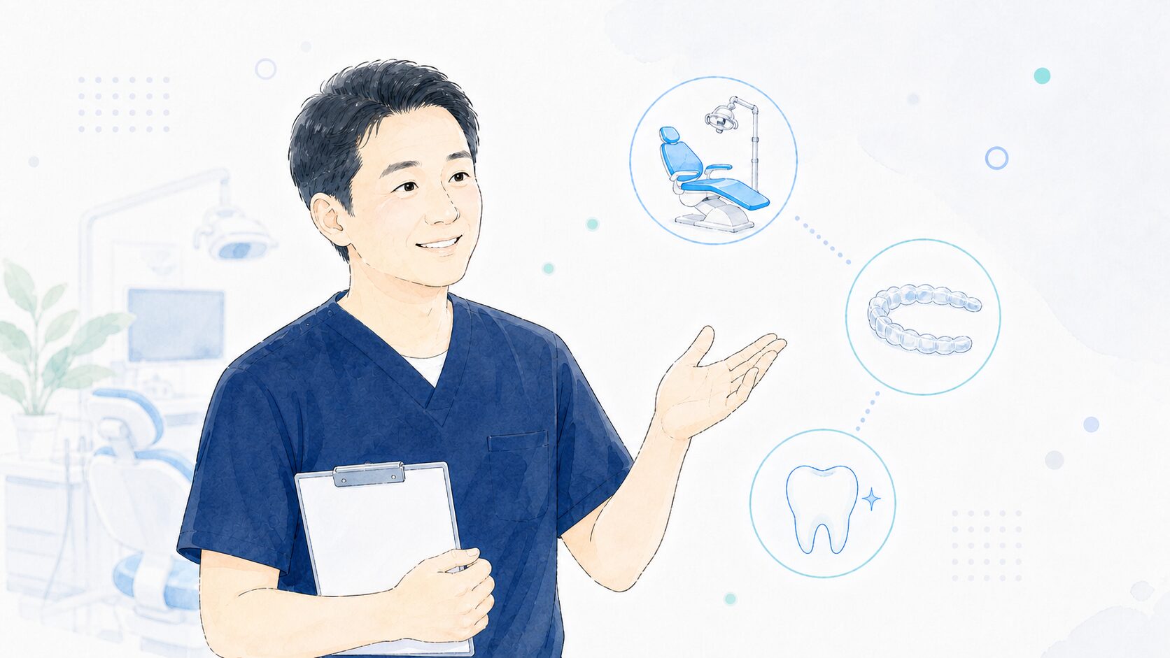 ホワイトニングの種類を説明する歯科医師のイラスト