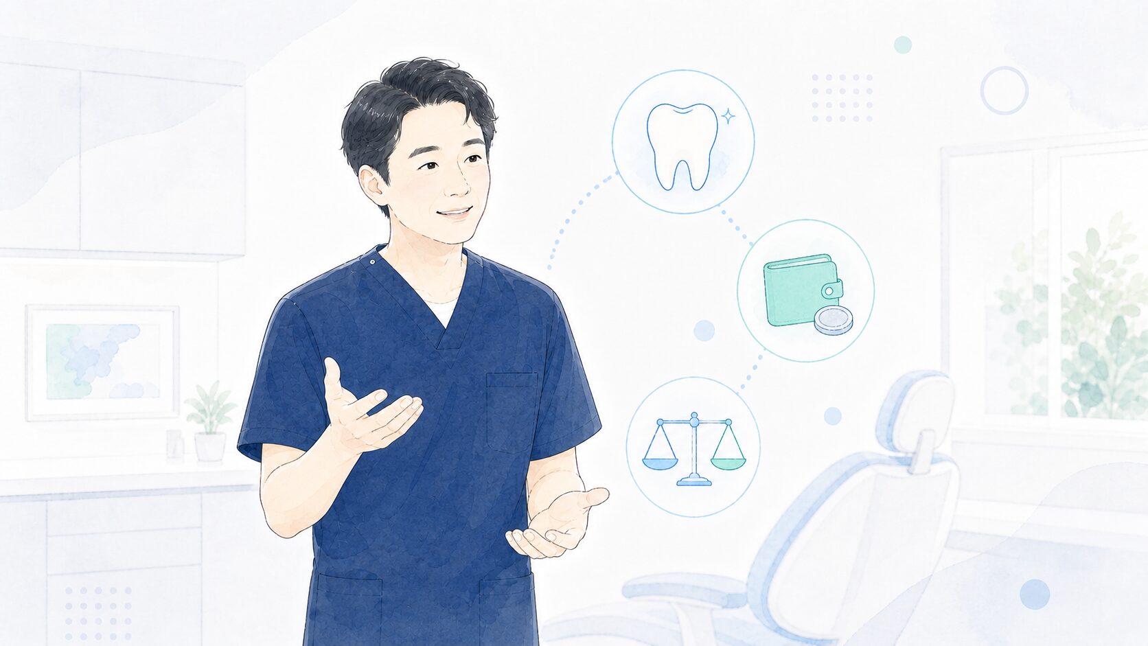 銀歯を白くする方法をまとめる歯科医師のイラスト