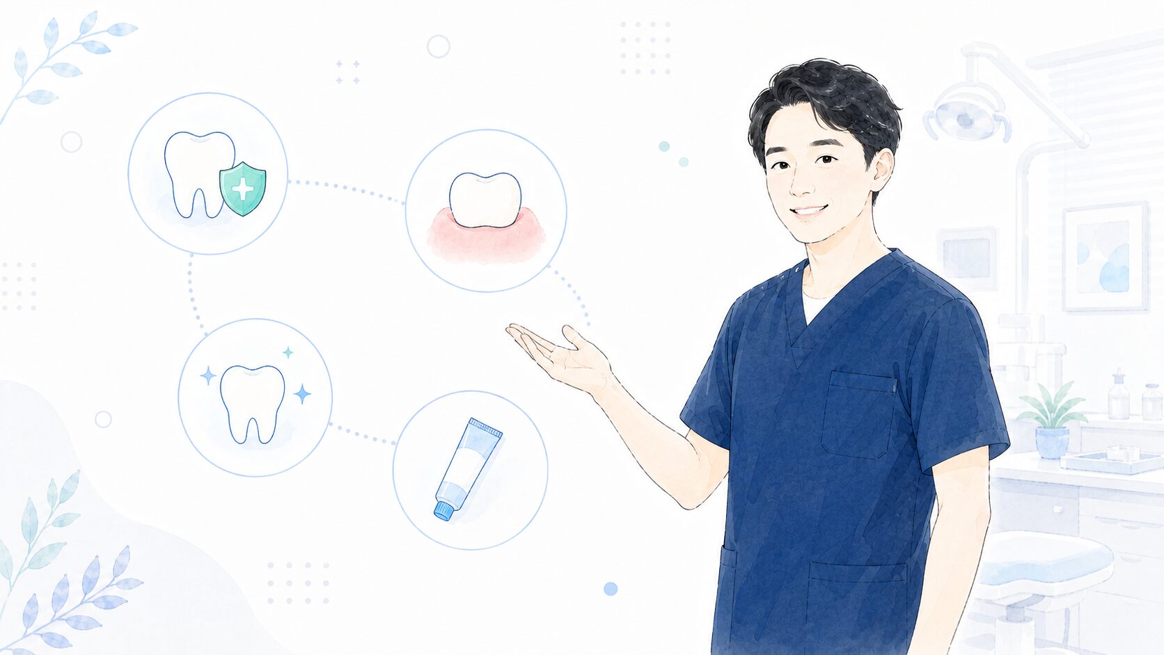 歯科医師が目的別のアイコンを示しながら歯磨き粉の選び方を説明するイラスト