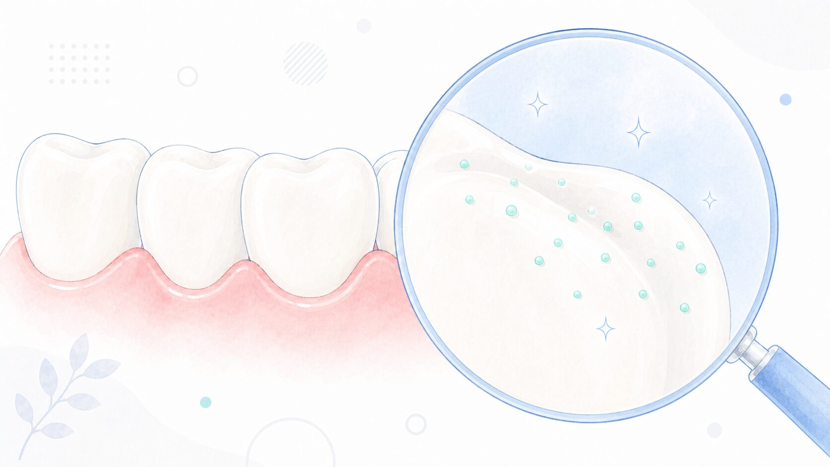虫眼鏡で歯の表面を拡大しフッ素がとどまる様子を示したイラスト