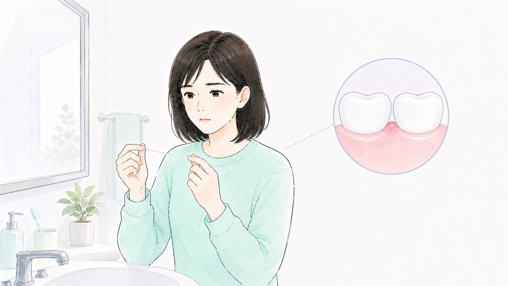 女性がフロスの出血に不安を感じる様子と歯ぐきの炎症のサインの図解