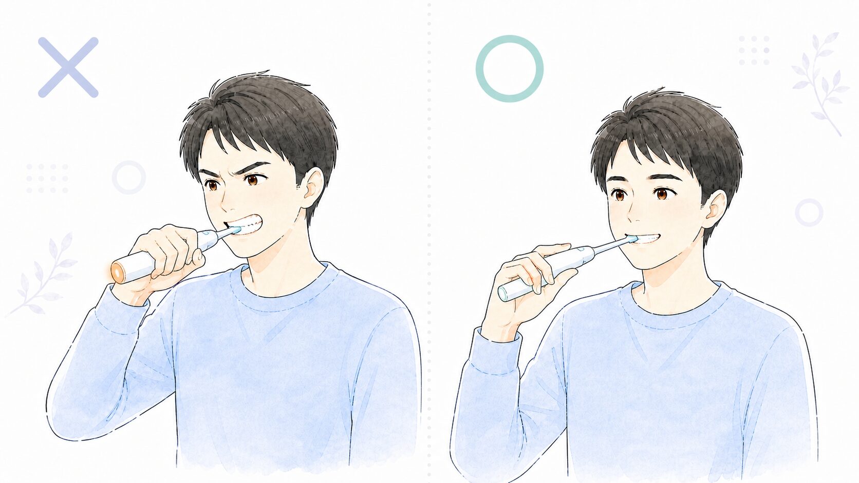 押し付けすぎてランプが光る例と軽く支える例の比較イラスト
