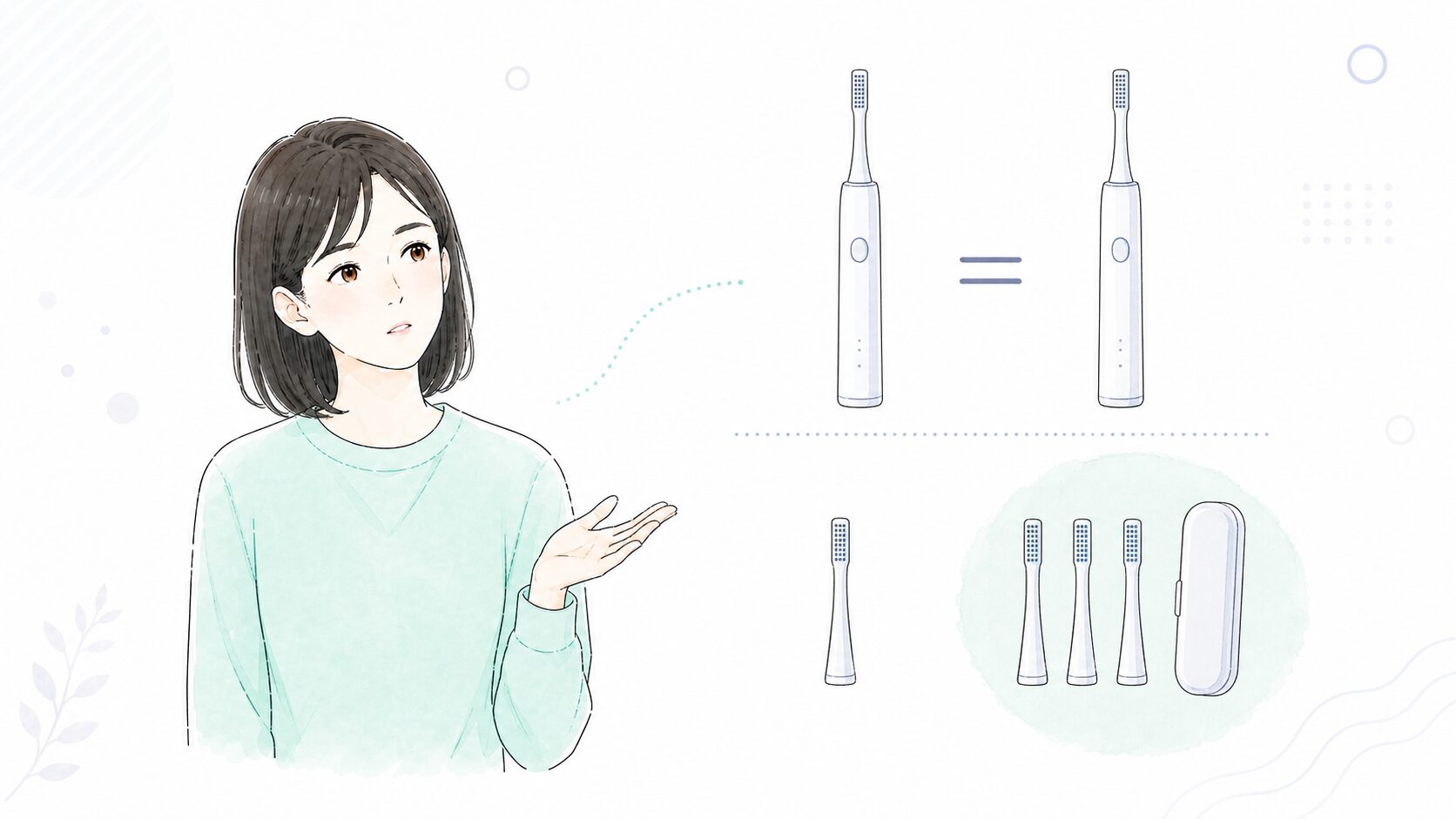 本体は同じで付属品だけが違うことを比べる女性のイラスト