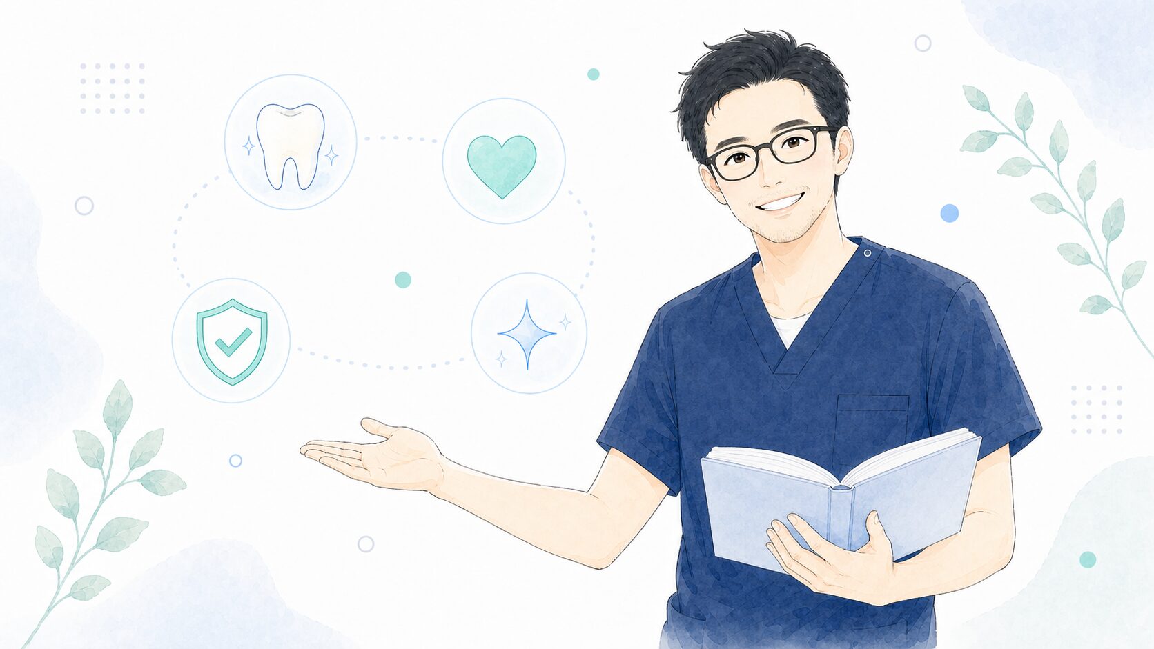 本を持って案内する歯科医師しょうのイラスト