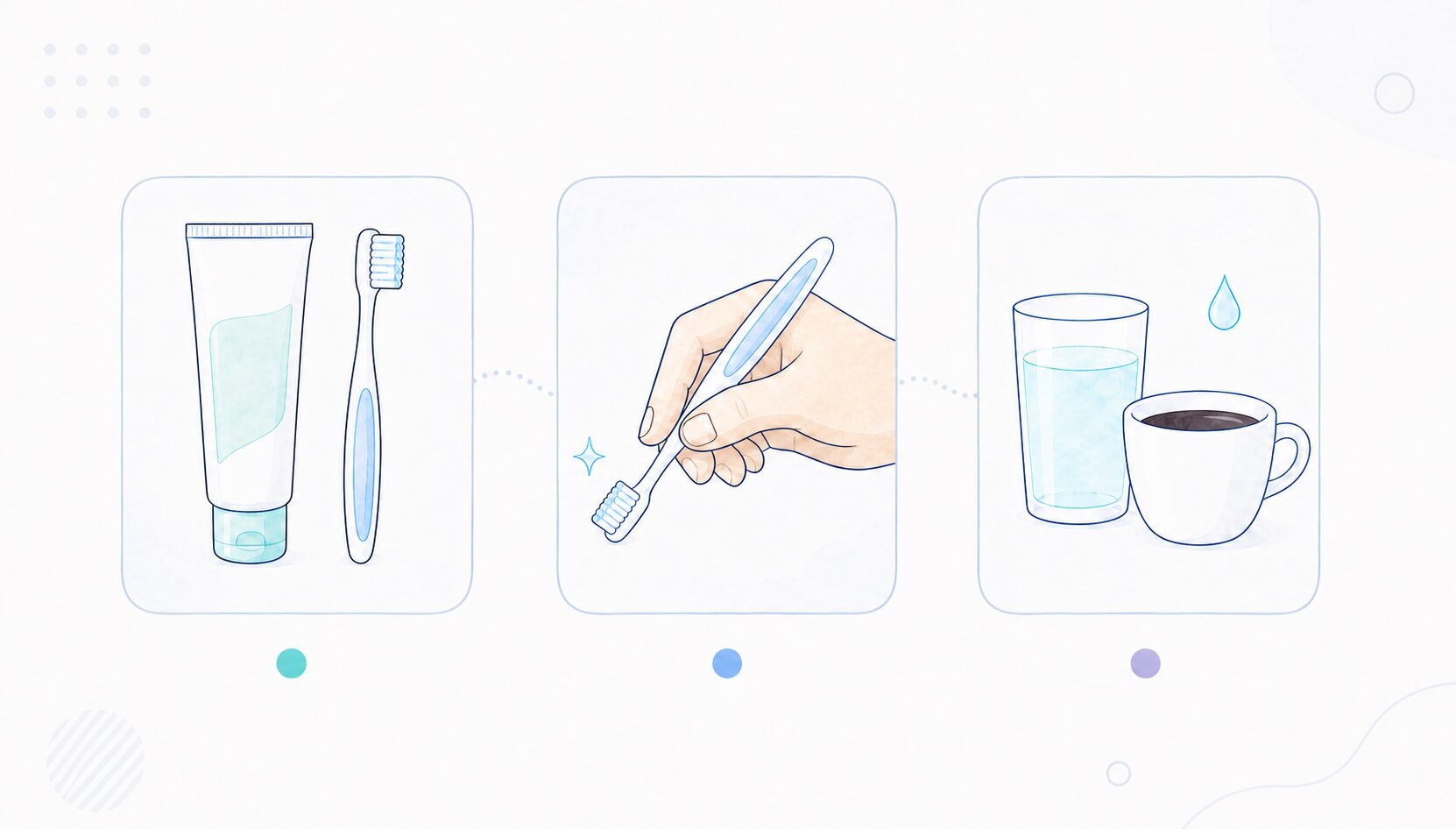 着色ケアの3つのポイント(歯磨き粉・やさしい磨き方・水を飲む)のイラスト