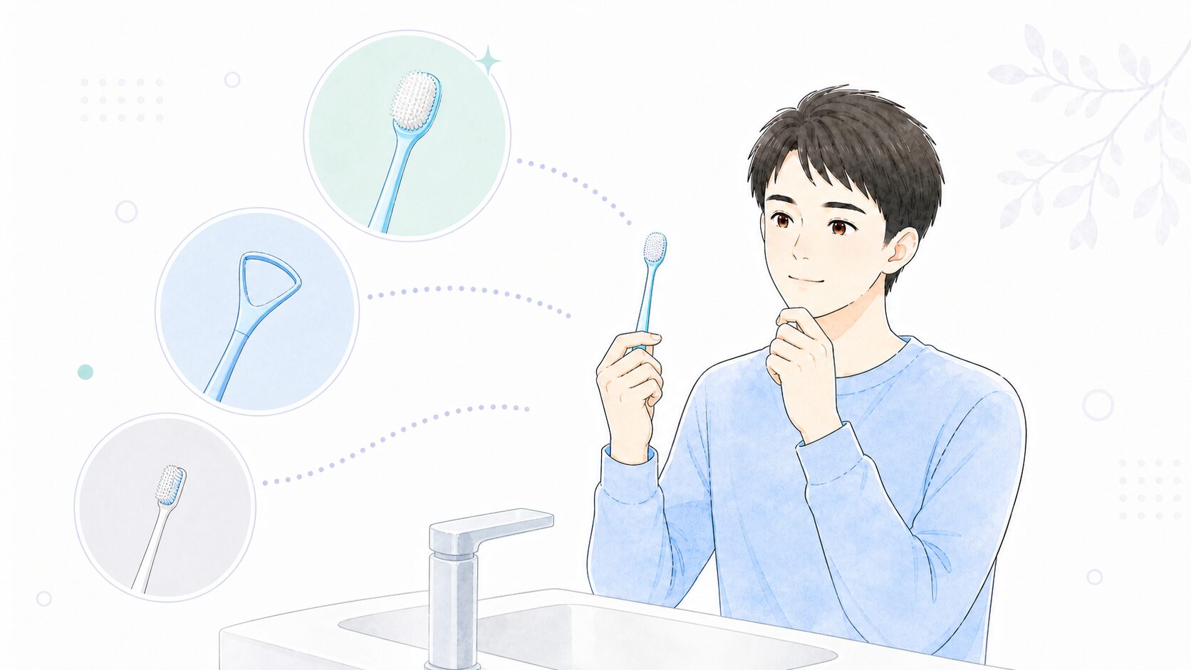 舌ブラシ・ヘラタイプ・歯ブラシを見比べる男性